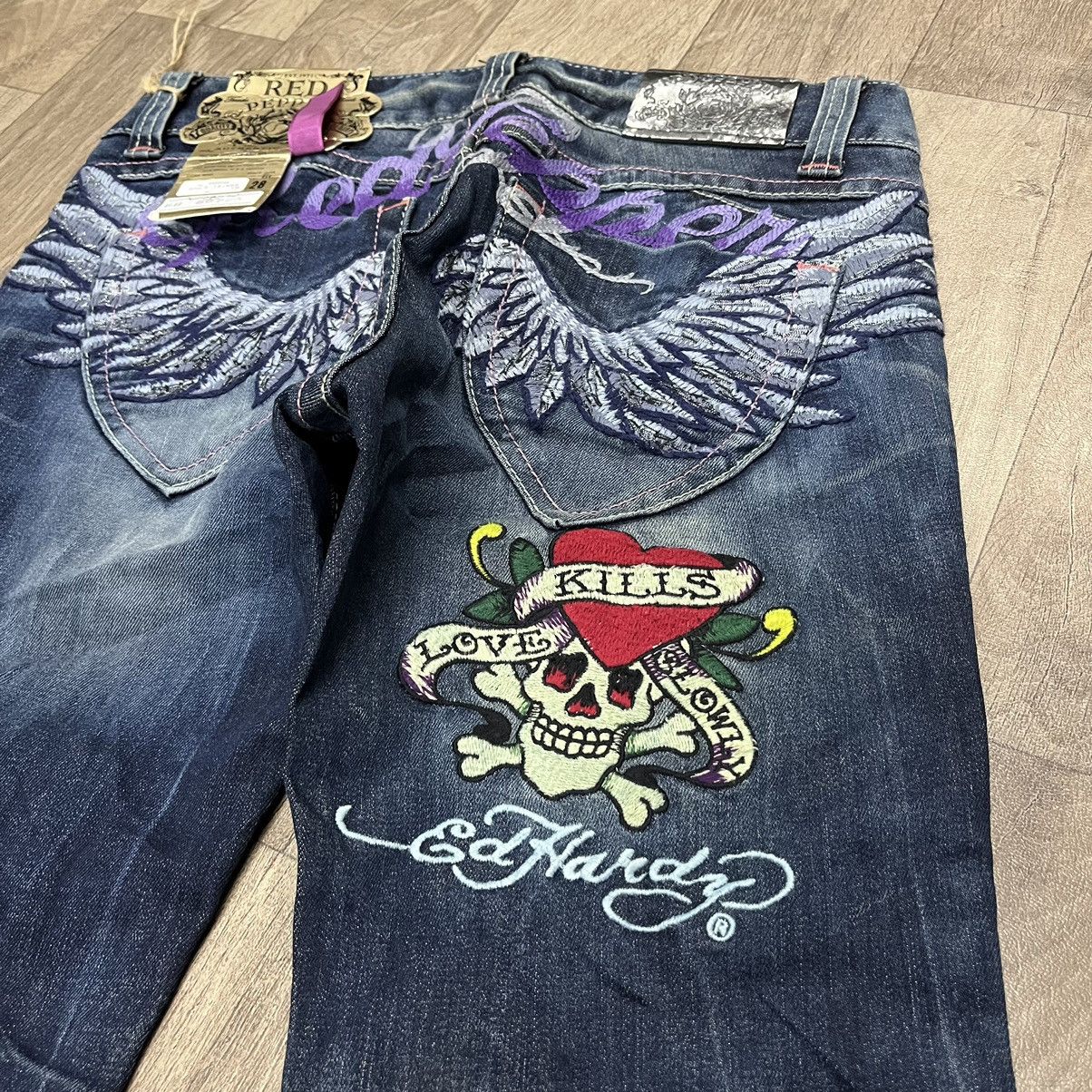 Ed Hardy × Japanese Brand Flare Jeans Red Pepper Jeans Embroidered Boot Cut Denim Size 28" / US 6 / IT 42 - 4 Thumbnail