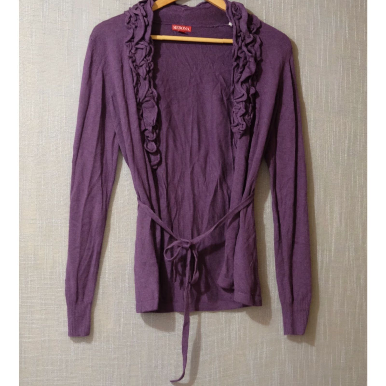 Merona VINTAGE Merona Cardigan Open Front Lightweight Womens M Purple Ruffle Trim Belted, Knit, Nylon/Rayon, Slim, Regular, Long Sleeve, Shirt? Size M / US 6-8 / IT 42-44 - 2 Thumbnail
