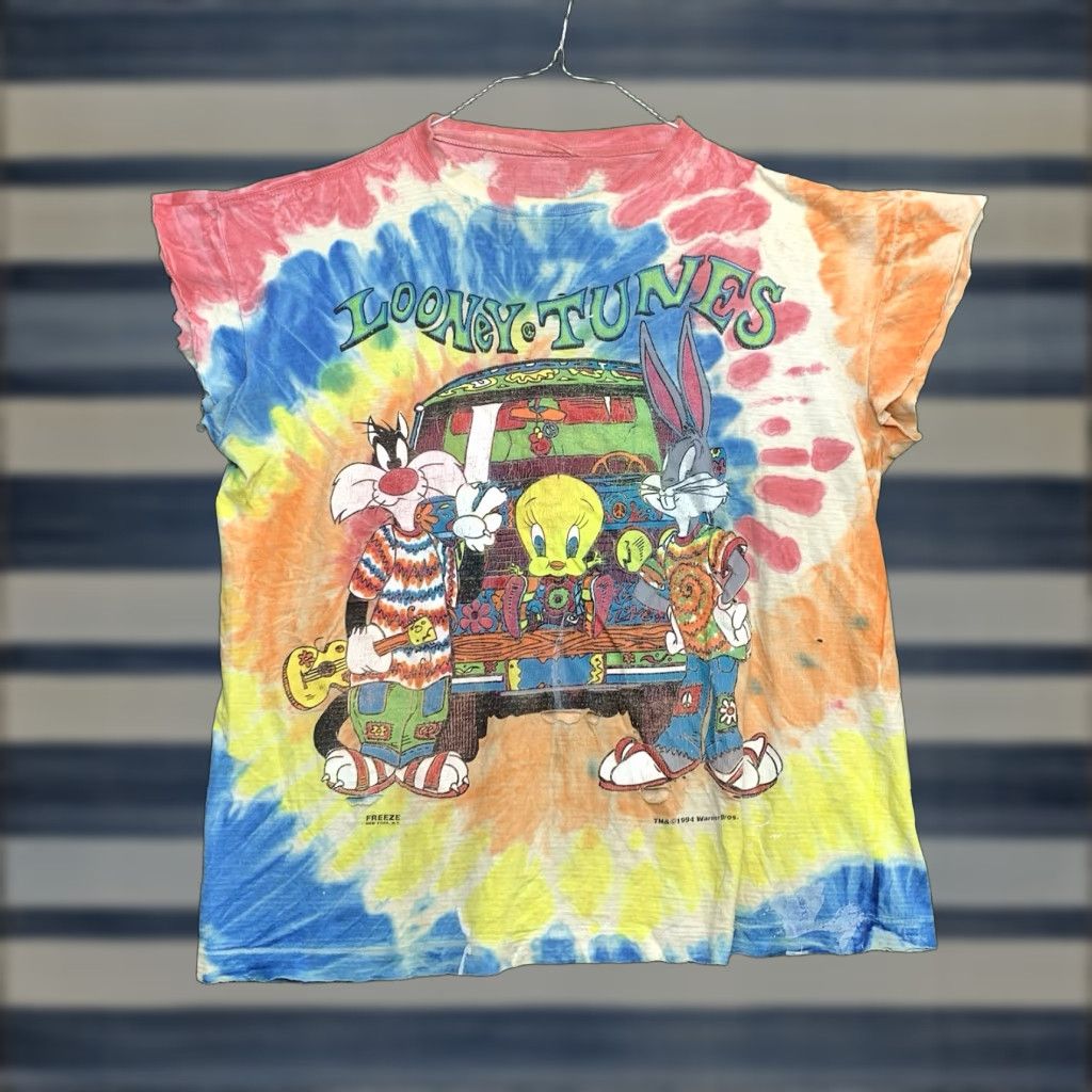 VINTAGE Looney Tunes Shirt Mens Large L Tie Dye AOP Hippie Peace 90s Mens L Multicolor