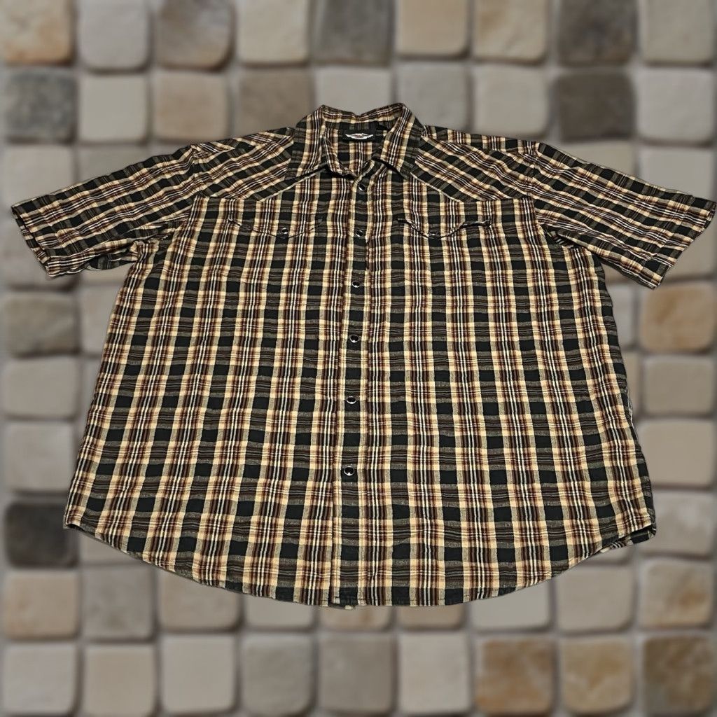 Harley Davidson Harley-Davidson Pearl Snap Shirt Men’s Large Brown Plaid Short Sleeve Button-Up Casual, Travel, Party/Cocktail Mens BD Size US L / EU 52-54 / 3 - 1 Thumbnail