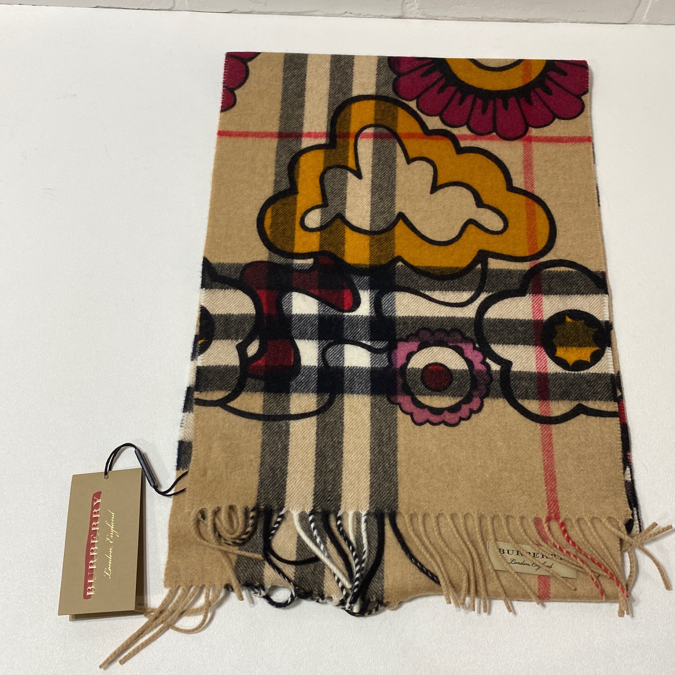 BURBERRY - PSYCHEDELIC FLORAL CHECK CASHMERE SCARF 168X30CM