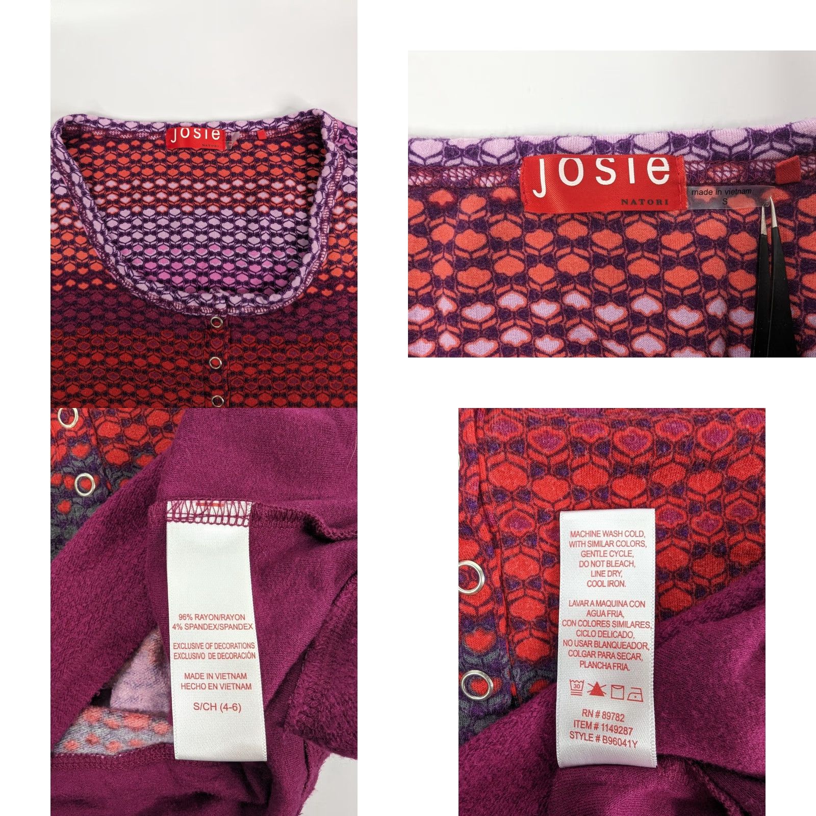 Vintage Josie Natori Pajama Top Womens Small Red Purple Rayon Henley Long Sleeve Size S / US 4 / IT 40 - 8 Thumbnail