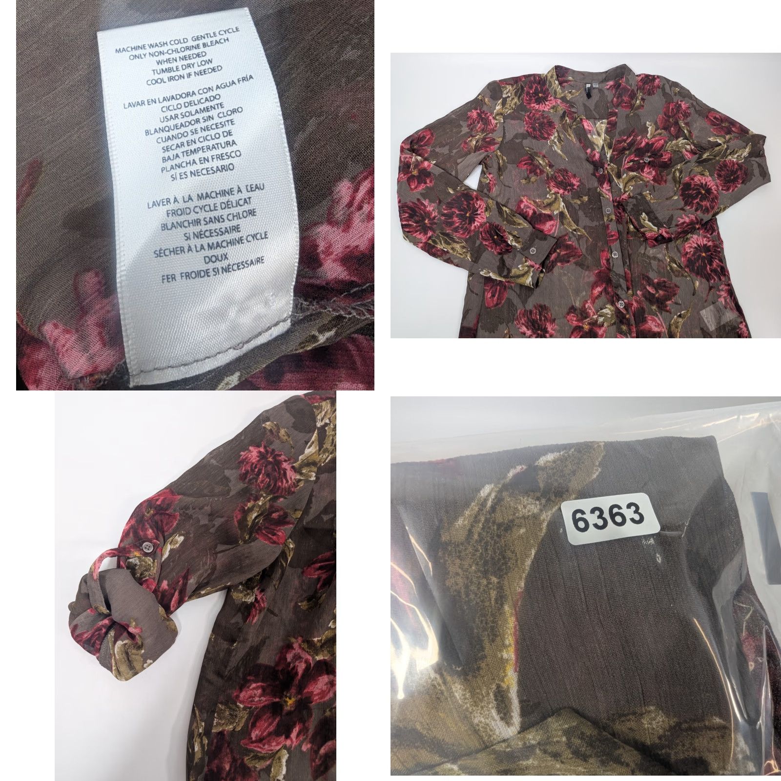 Vintage Kut from the Kloth Womens Blouse Shirt S Brown Floral Print Button V-Neck Sheer Long Sleeve Crepe Polyester Tunic Casual Size S / US 4 / IT 40 - 8 Thumbnail