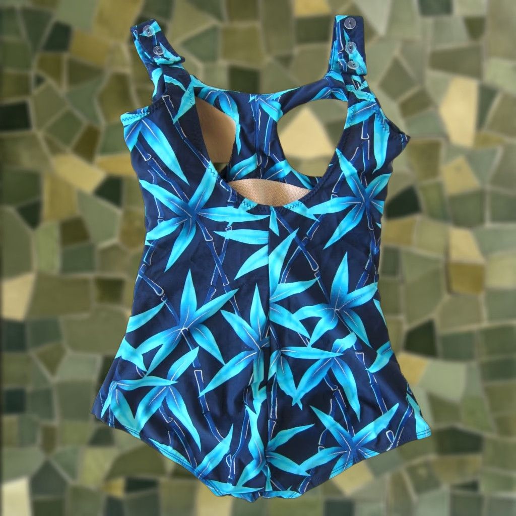Vintage T.H.E. Blue Floral Bamboo One Piece Swimsuit Slimming Wide Strap Dress 10 Size L / US 10 / IT 46 - 1 Thumbnail
