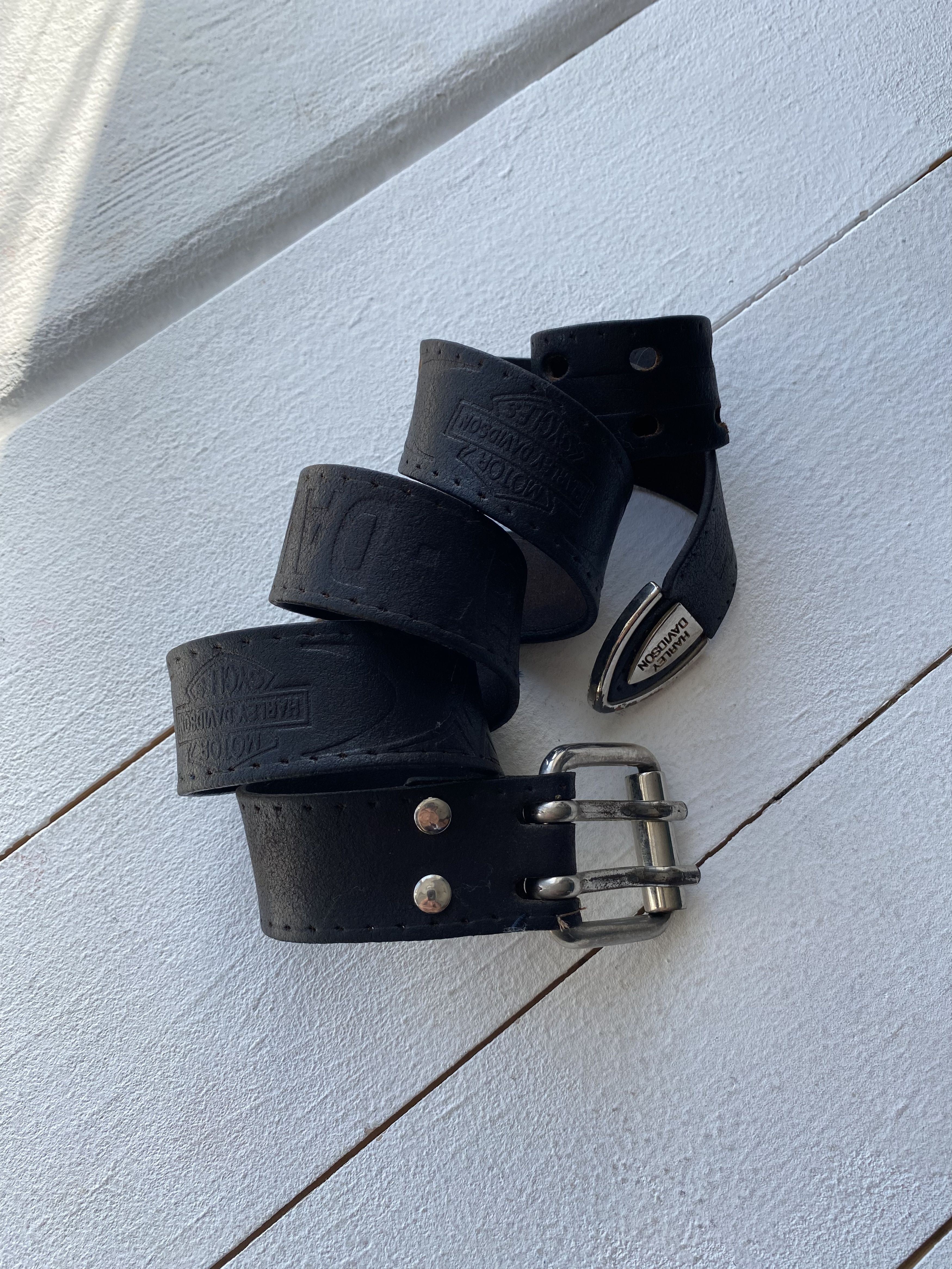 Harley Davidson × Vintage 90s Harley Davidson Black Leather Metal Logo Belt Mens Size ONE SIZE - 5 Thumbnail