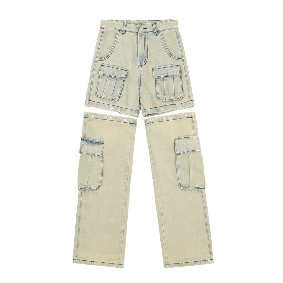 image of Retro Buttons Detachable Design Wide Cargo Jeans, Men's (Size 33)