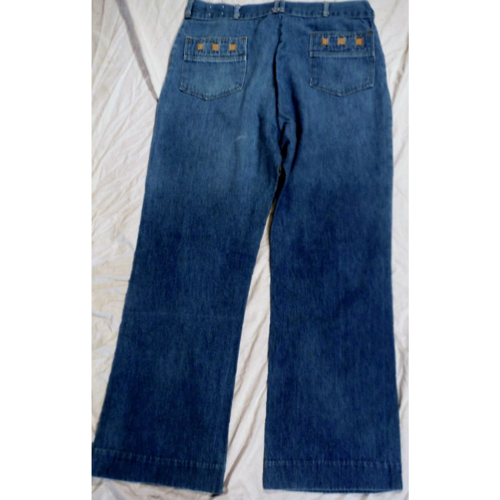 Nique VINTAGE 1970s Denim Jeans by POST GRADS H.I.S Hippy Boho Style Adult 35x30 Blue Unique Pockets USA Made Size US 35 - 2 Thumbnail