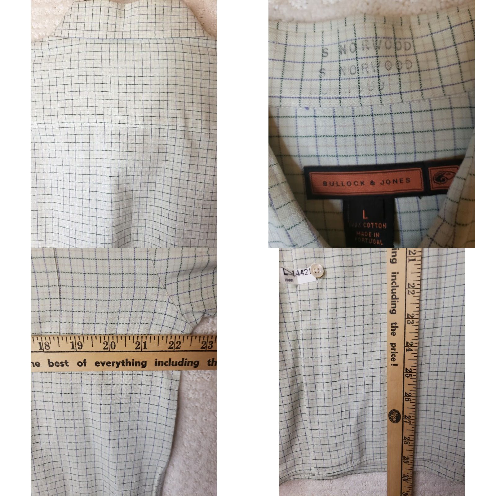 Vintage Bullock & Jones Men's L Green Check Long Sleeve Button-Up Shirt NICE SOFT FEEL Size US L / EU 52-54 / 3 - 9 Thumbnail