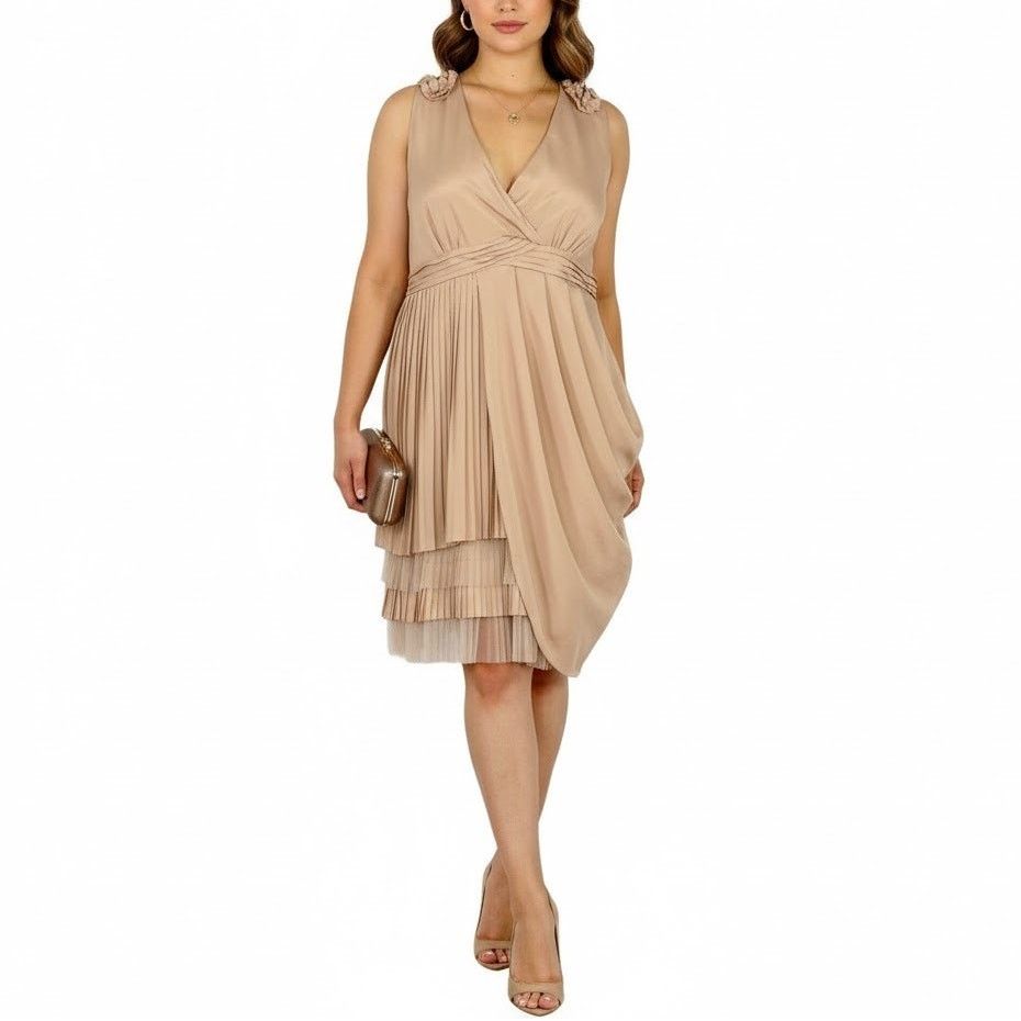 Anthropologie Anthro Ryu Tan Pleated Cocktail Midi Dress Large Size L / US 10 / IT 46 - 6 Thumbnail