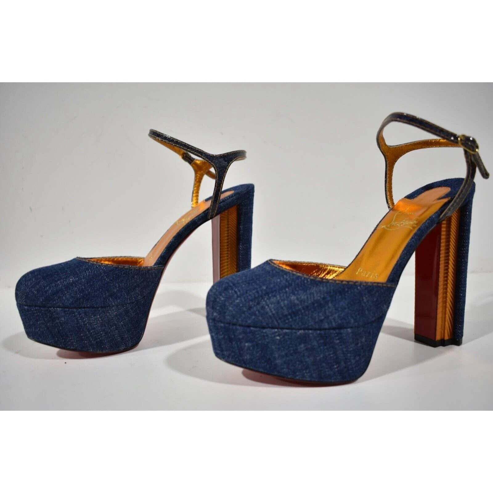 Christian Louboutin Coluna Pump 130 Denim Blue Ankle Strap Platform Heel 37.5 Size US 7.5 / IT 37.5 - 9 Thumbnail