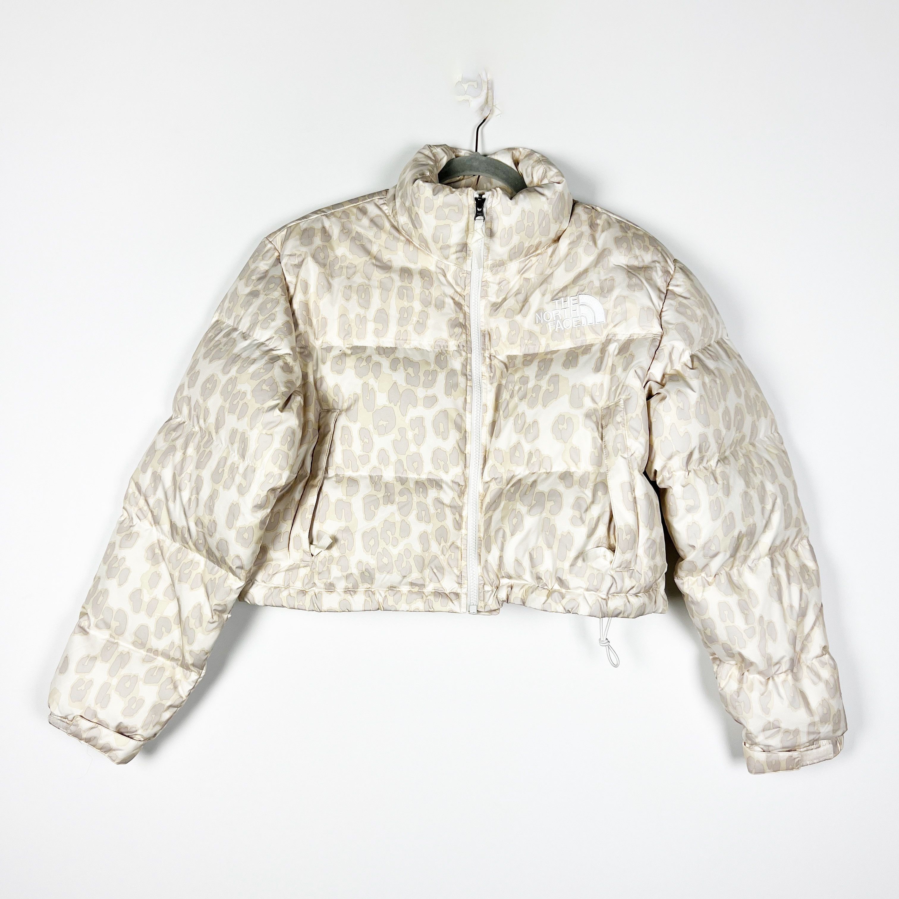 image of New The North Face Women's Nuptse Cropped Leopard Print in Beige (Size Medium)