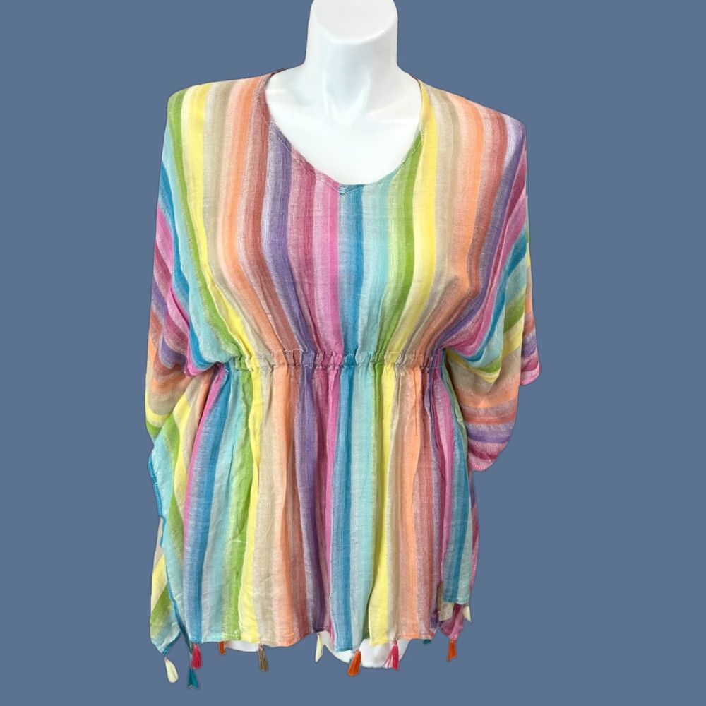 Vintage ACCESSORY ST Rainbow Peasant Chiffon Cinch Waist Blouse One Size 100% Rayon Size ONE SIZE - 1 Thumbnail