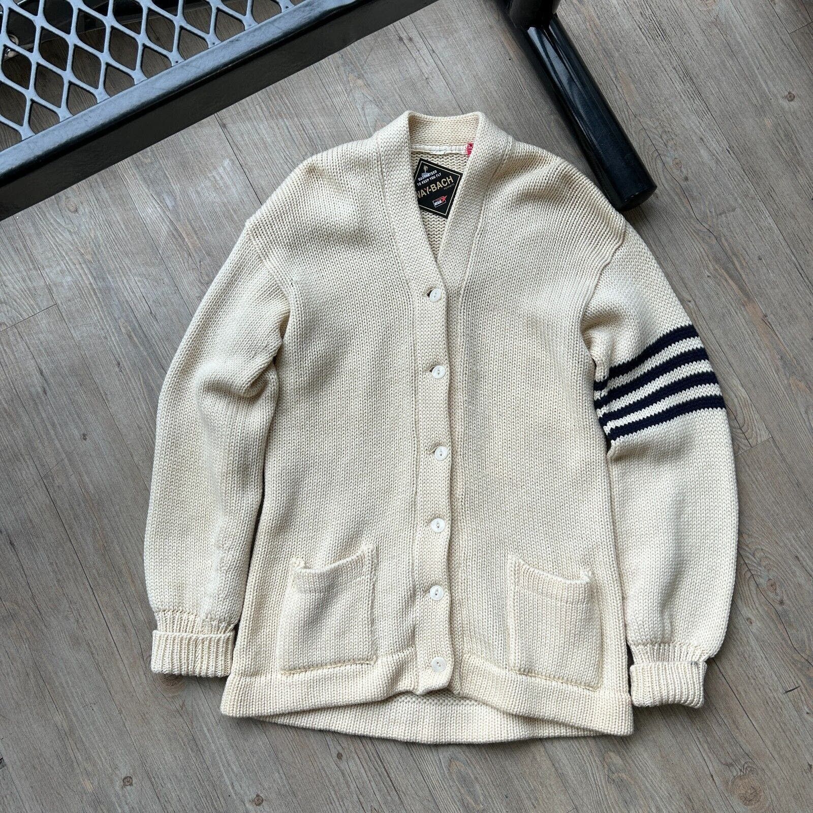 image of Vintage 60S| Varsity Wool Faded Patch Varsity Knit Cardigan in Cream, Men's (Size Medium)