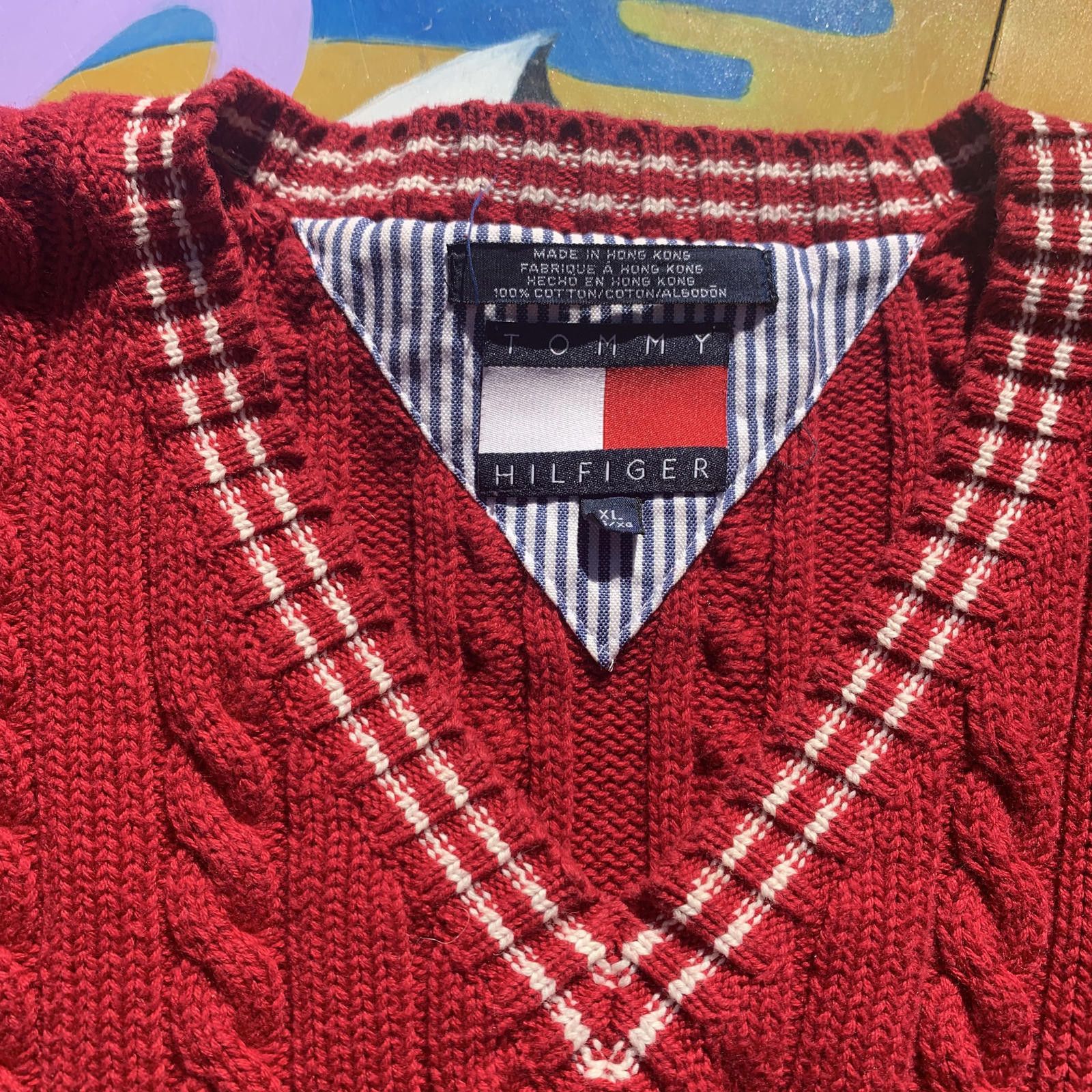 Tommy Hilfiger Tommy Hilfiger Red Cable Knit V-Neck Sweater XL Size ONE SIZE - 3 Thumbnail