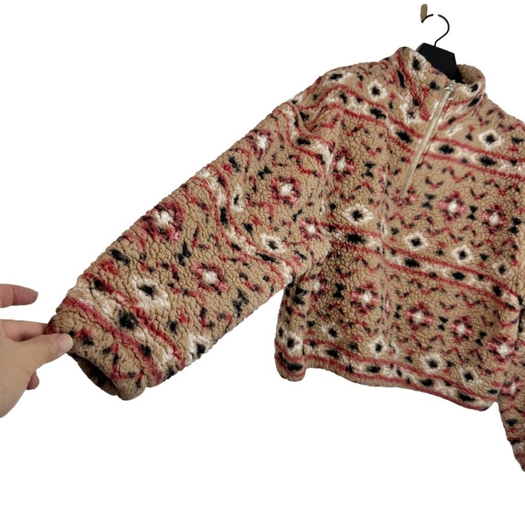 Other LOVE TREE Women's Tan Short Sherpa Aztec Pullover 1/4 Zip M Size M / US 6-8 / IT 42-44 - 3 Thumbnail