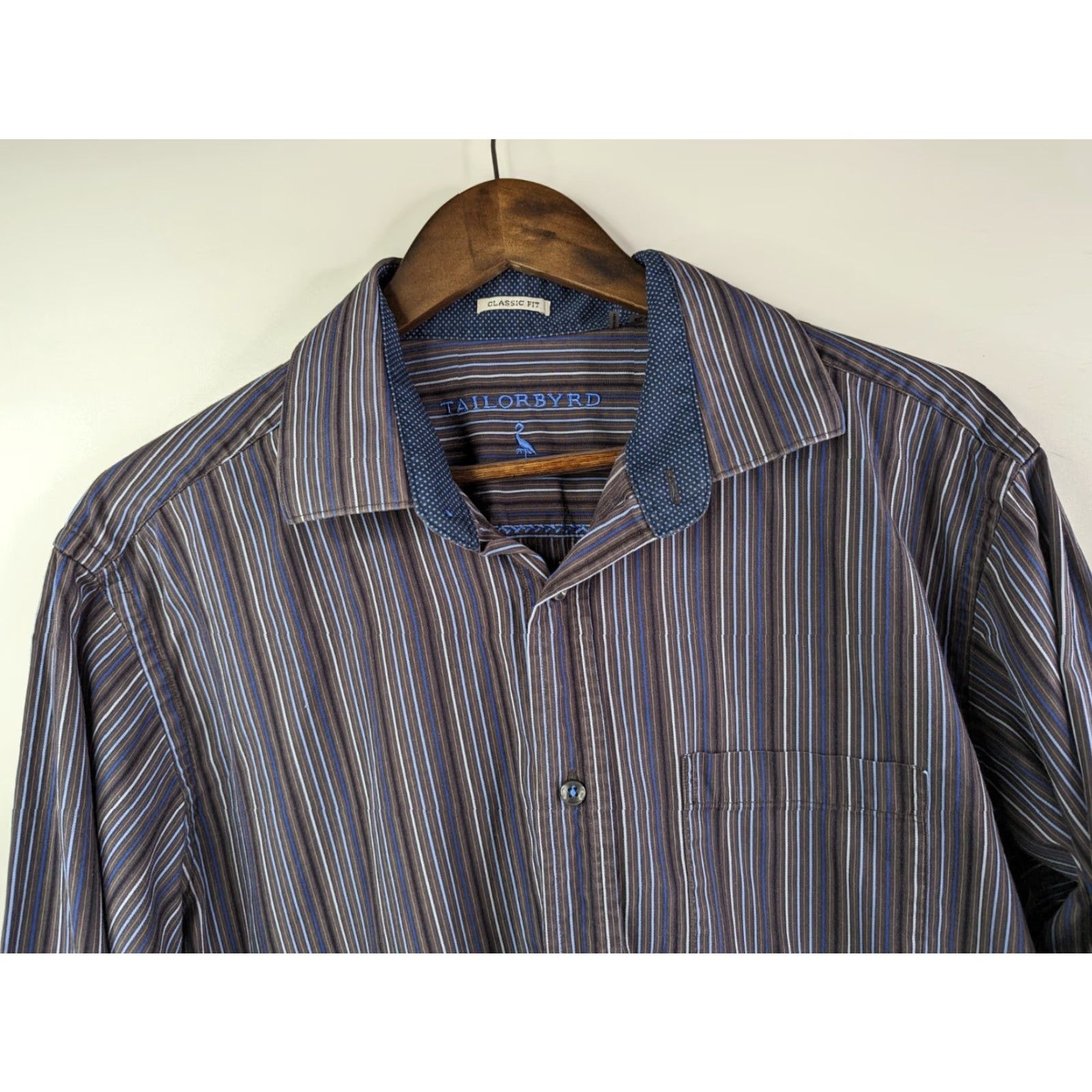 Tailorbyrd TAILORBYRD Dress Shirt Long Sleeve Multicolor Striped Blue Brown Classic Fit Men's XL Size 46R - 2 Thumbnail