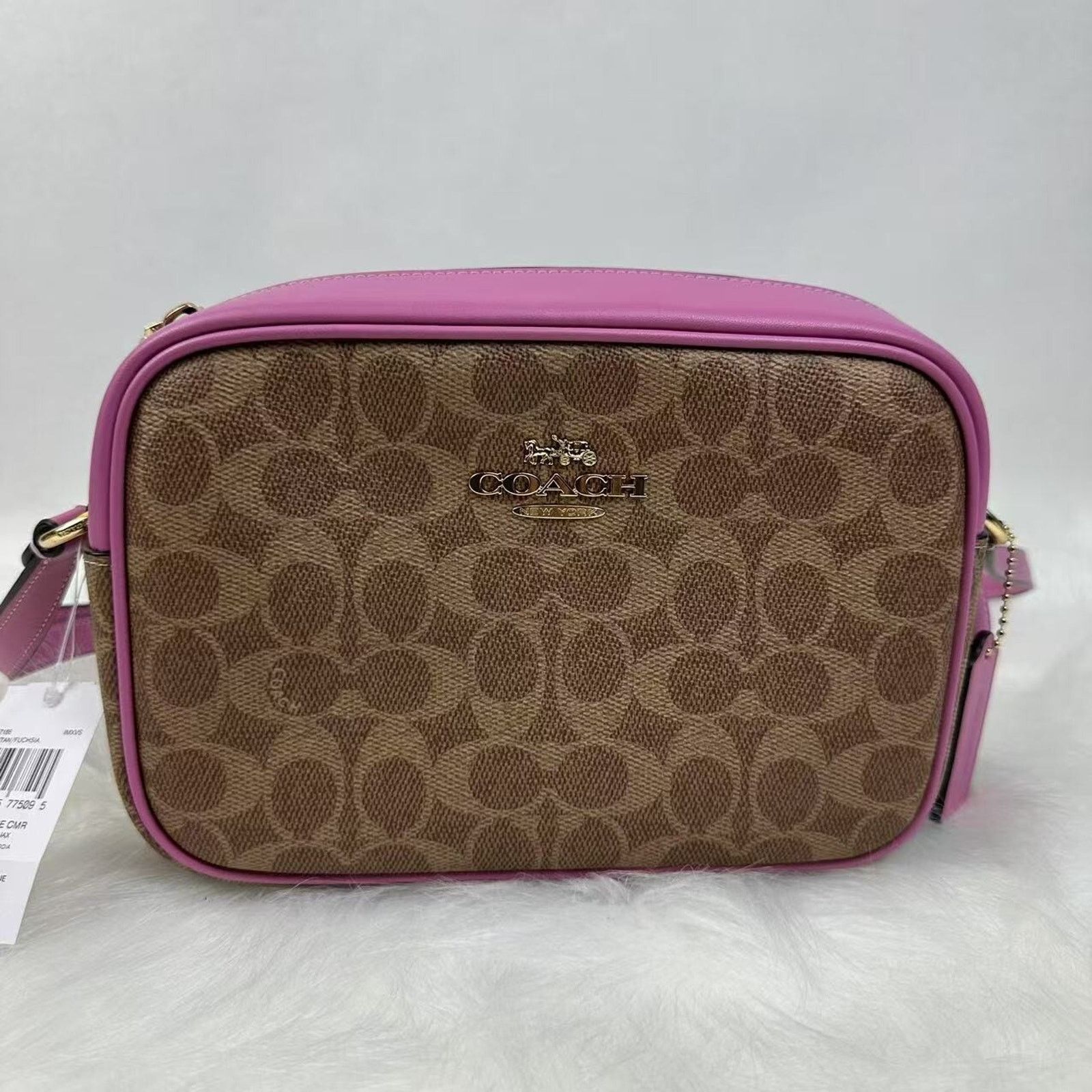 Coach Jamie Camera Crossbody Bag In Sig Canvas Tan/fuchsia in Brown, Women's