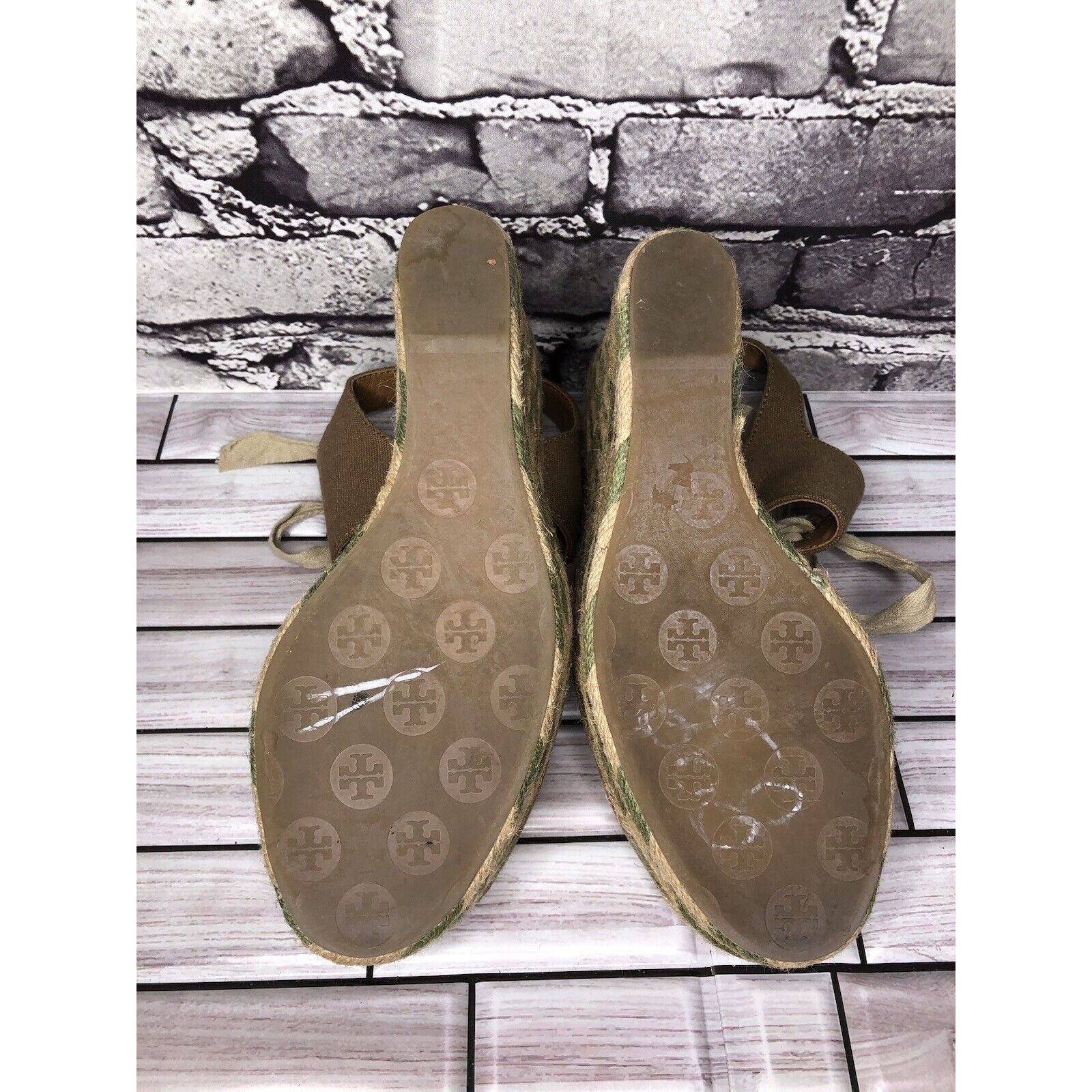 Tory Burch Tory Burch Taupe Canvas Textile Green Tan Espadrilles Wedge Size US 10 / IT 40 - 6 Thumbnail