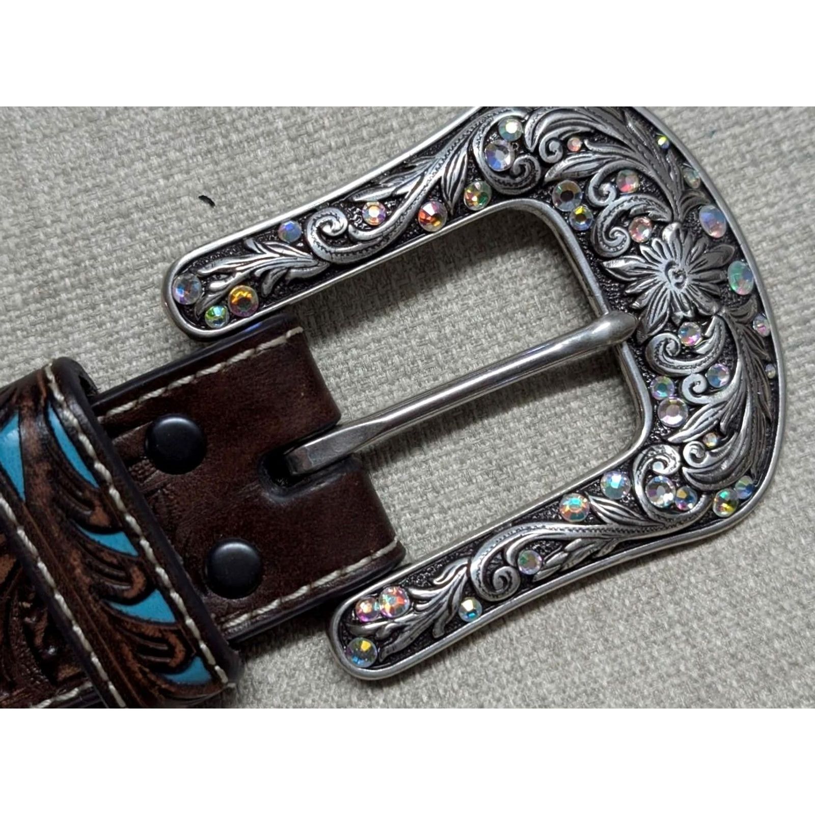 Ariat VINTAGE Ariat western belt TOOLED leather 38 brown floral cut-out rhinestone studded buckle western belt for Unisex Adults Mens Womens Size 38 - 3 Thumbnail
