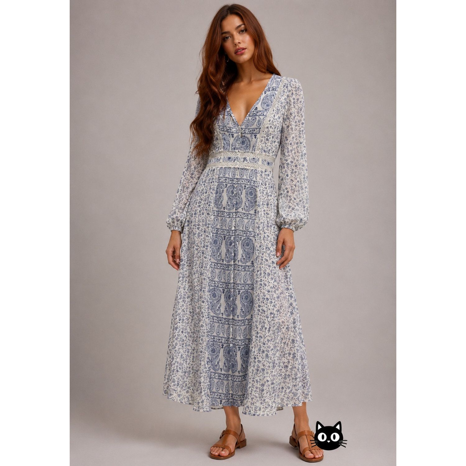 Other Stradivarius Floral Paisley Long Sleeve VNeck Maxi Dress Size S / US 4 / IT 40 - 2 Thumbnail