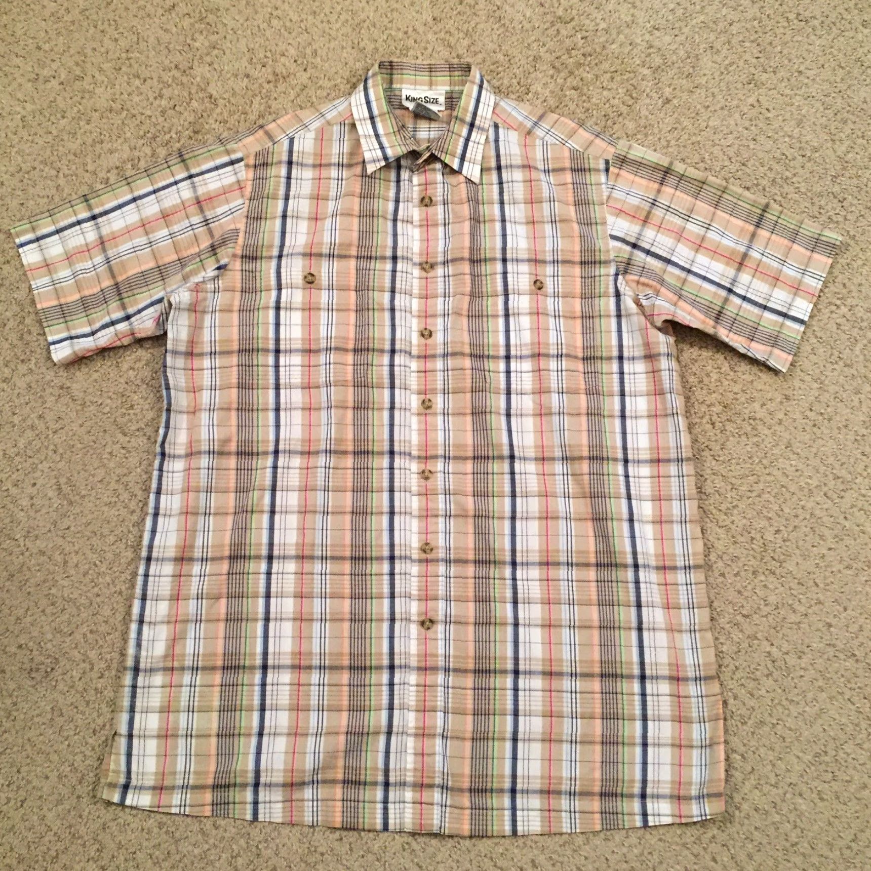 Vintage Kingsize Shirt Mens Large Beige Green Plaid Short Sleeve Button Up Size US L / EU 52-54 / 3 - 2 Thumbnail