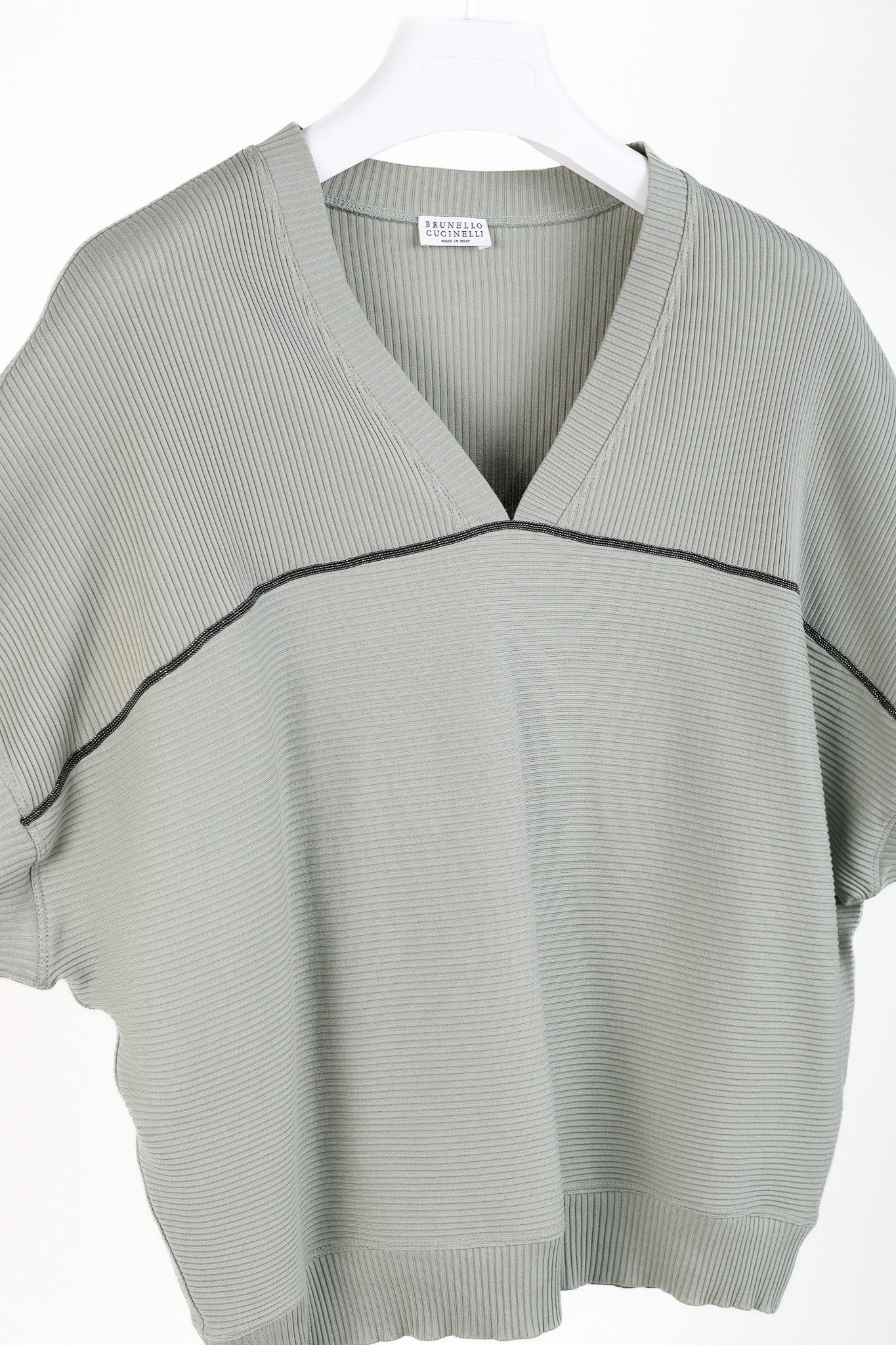 Brunello Cucinelli Brunello Cucinelli Monili Trim Ribbed V-Neck Cotton Tee Size L / US 10 / IT 46 - 3 Thumbnail