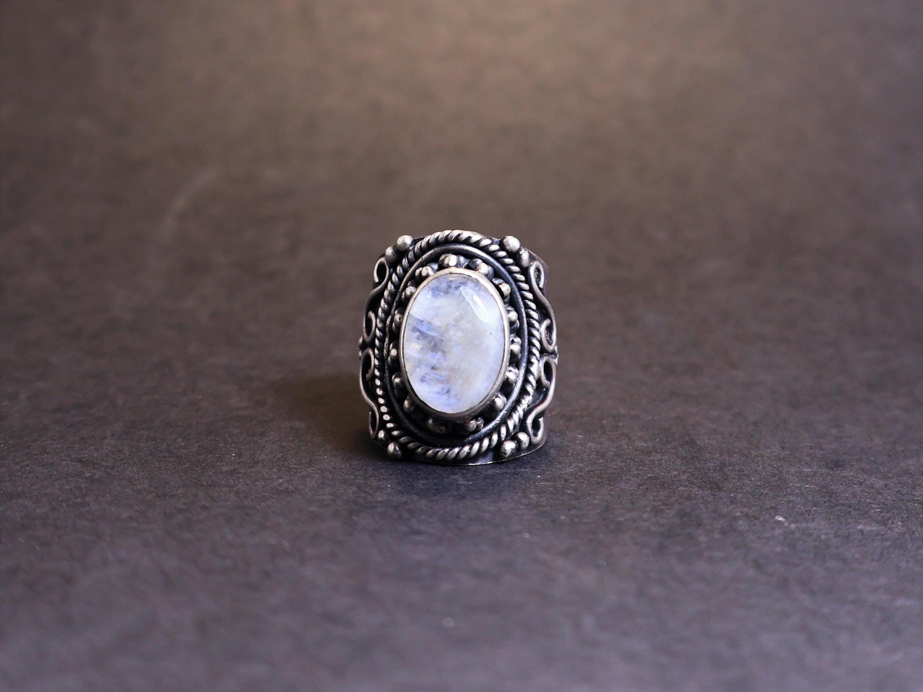 Handmade Moonstone Ring, Wide Band Ring, 925 Silver Ring, Blue Stone, Size ONE SIZE - 2 Thumbnail