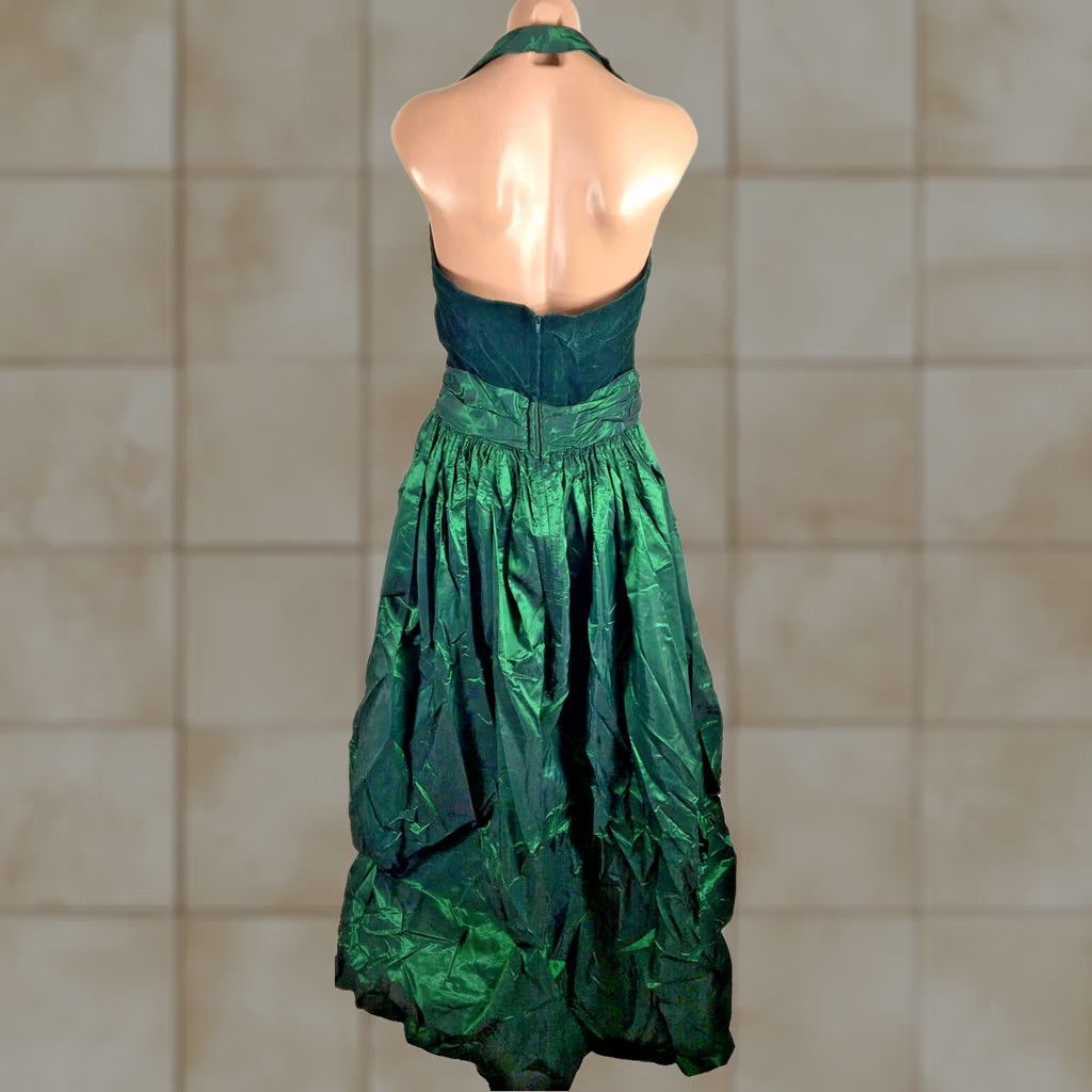 Vintage UNION Vintage Halter Velvet Dress 80s Alfred Angelo Green Iridescent Taffeta 8