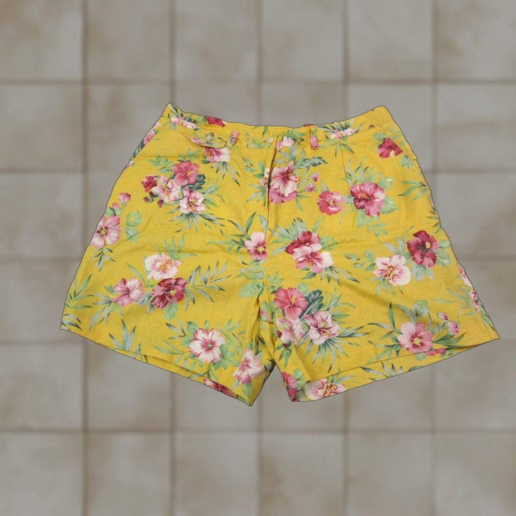 Ralph Lauren VINTAGE Ralph Lauren Shorts Womens 16 Yellow Floral 100% Linen High Rise Summer Ladies Size 32" / US 10 / IT 46 - 1 Thumbnail