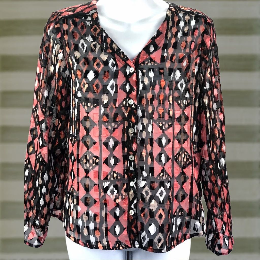 Vintage Vintage Sheer Chiffon Top 4P Blk/Orange Aztec Mod LongSleeve RollTab Boho Grunge Size S / US 4 / IT 40 - 1 Thumbnail