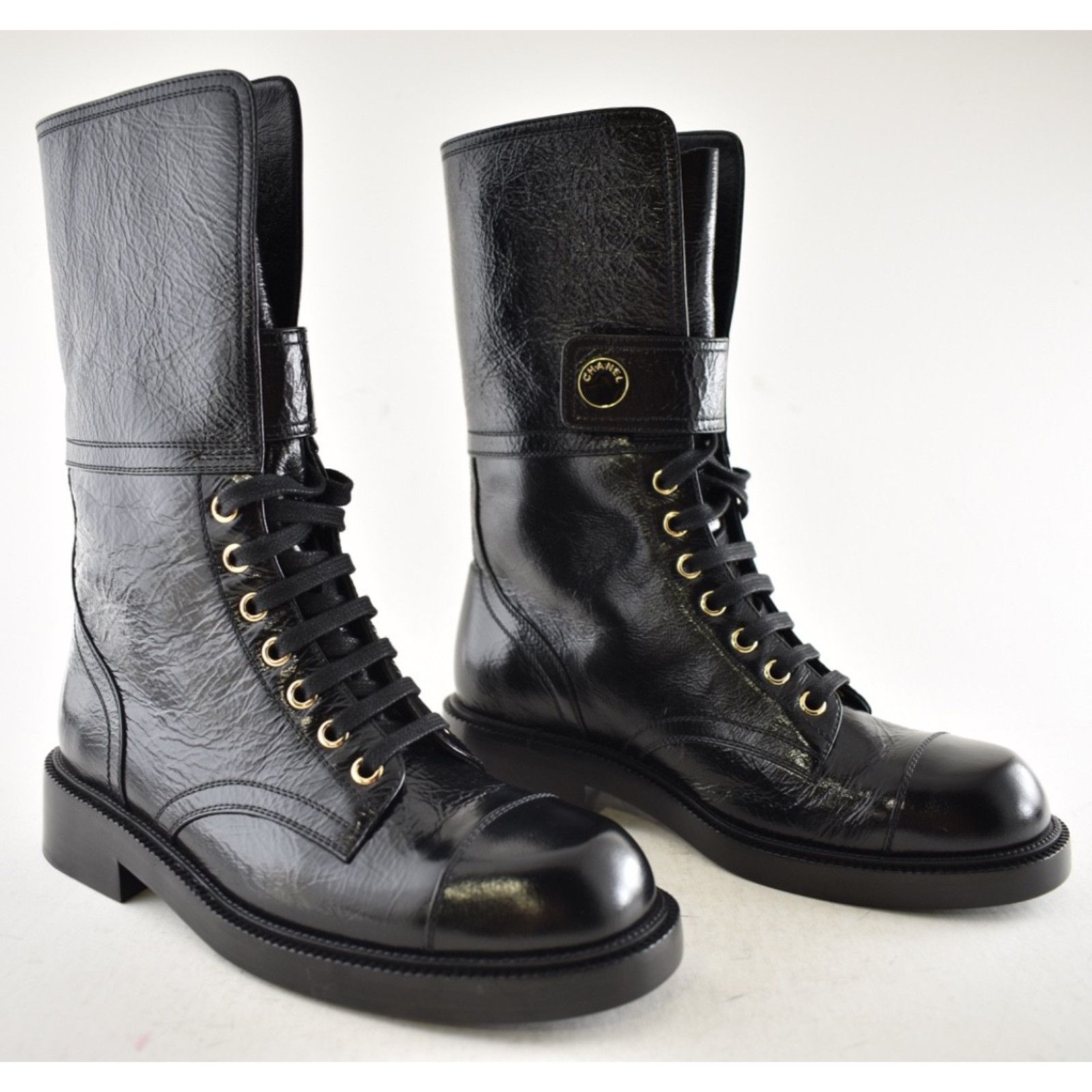 Chanel Chanel 24B Shiny Calfskin Logo Combat Lace Up Boots 37.5 Size US 6.5 / IT 36.5 - 4 Thumbnail