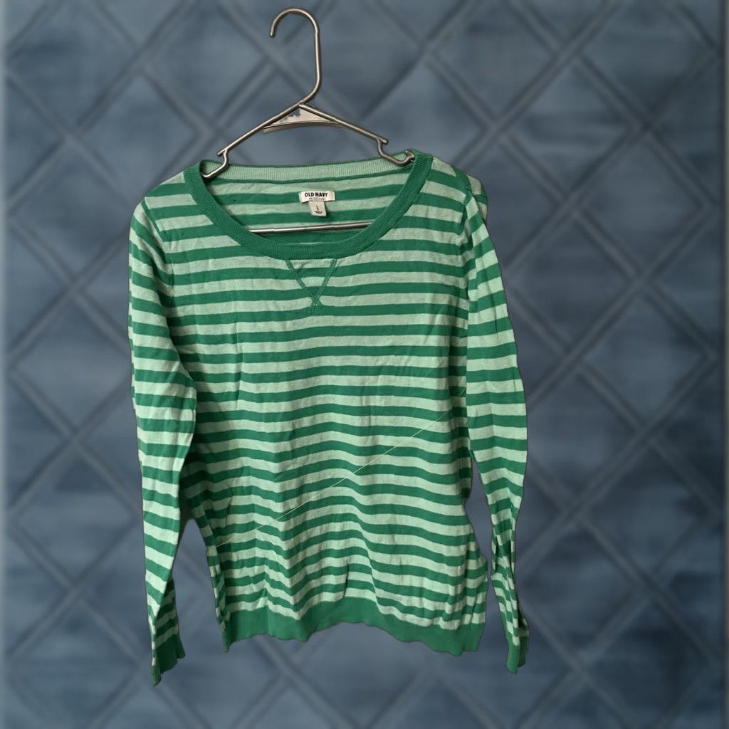 Old Navy Old Navy Womens Long Sleeve Crewneck Sweater L Green Striped Pullover Knit Shirt Womens Size L / US 10 / IT 46 - 1 Thumbnail
