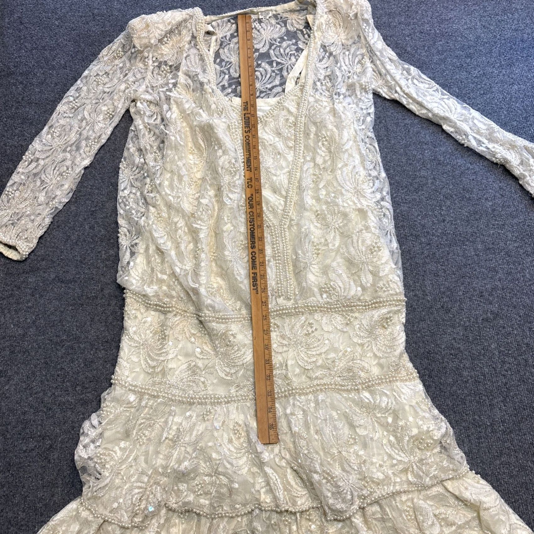 Vintage VINTAGE XL Ivory Lace Beaded Sequin Pearl Long Sleeve Wedding Dress Flapper Handmade Size US XL / EU 56 / 4 - 7 Thumbnail