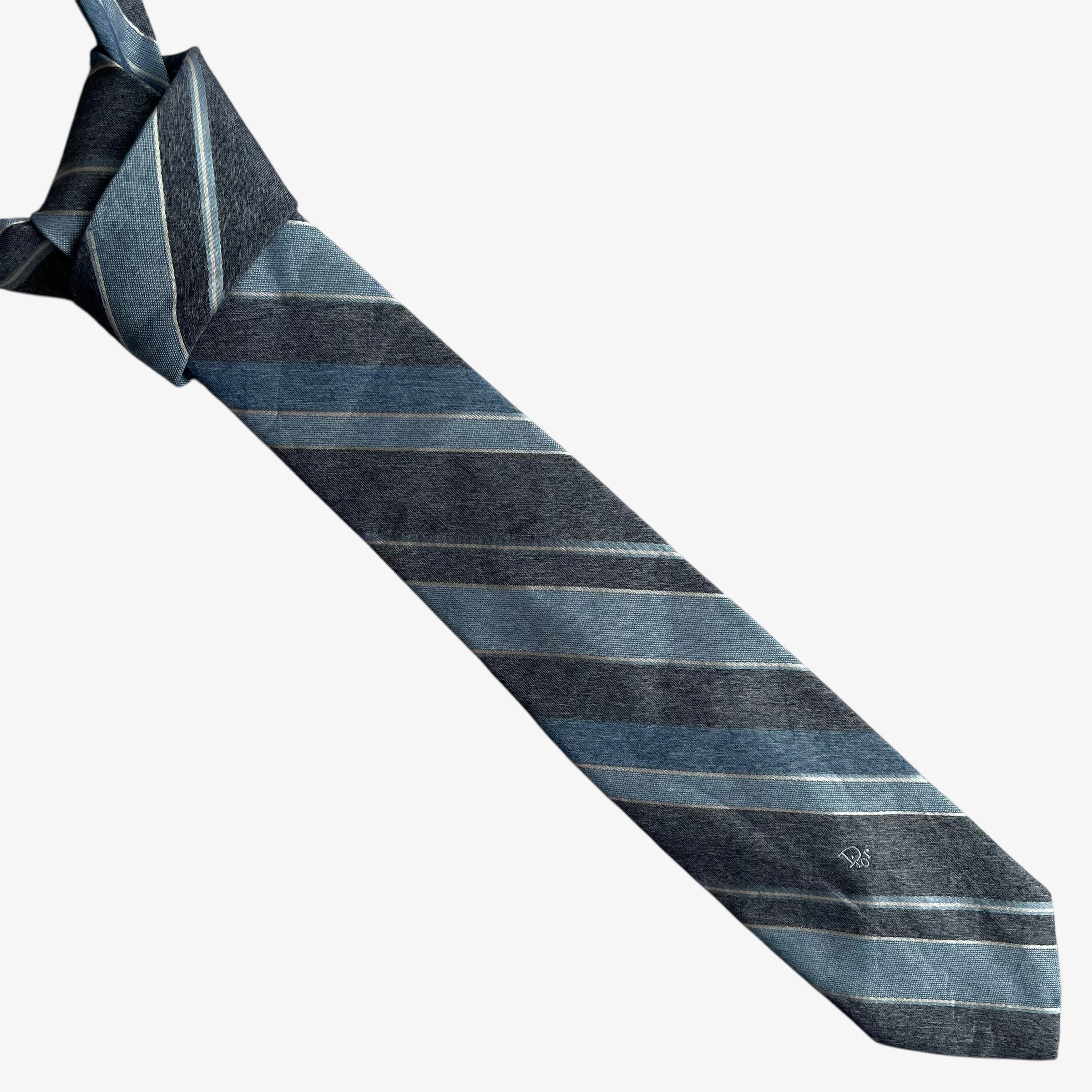 Dior Vintage 80s Christian Dior Blue & Grey Striped Tie Size ONE SIZE - 1 Thumbnail