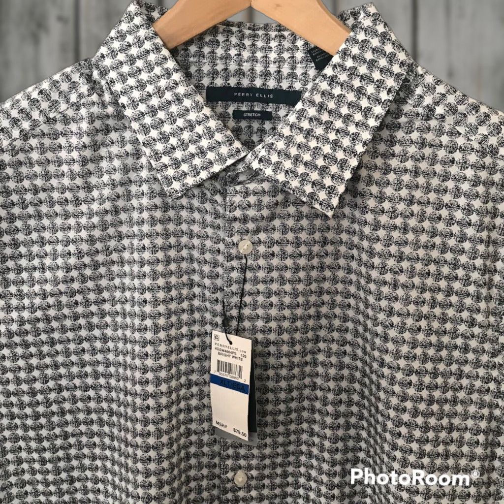 Perry Ellis Perry Ellis Shirt Mens Medium Short Sleeve Circle Pattern Stretch Bright White NEW Button-Up Button-Front Casual 98% Cotton 2% Elastane Size US M / EU 48-50 / 2 - 1 Thumbnail