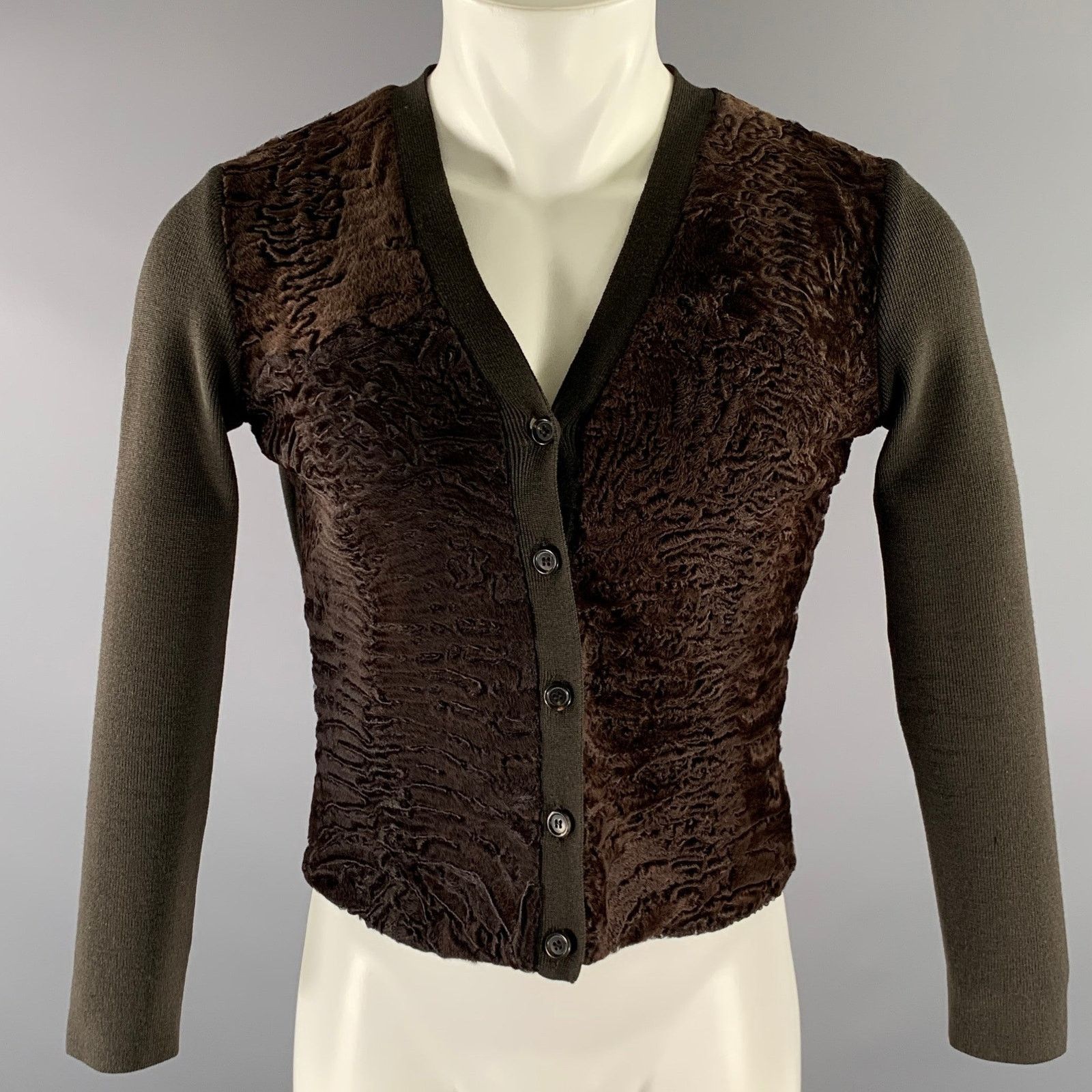 Prada PRADA Size S Brown Lamb Fur Ribbed Wool Cardigan Size US XXS / EU 40 - 1 Thumbnail