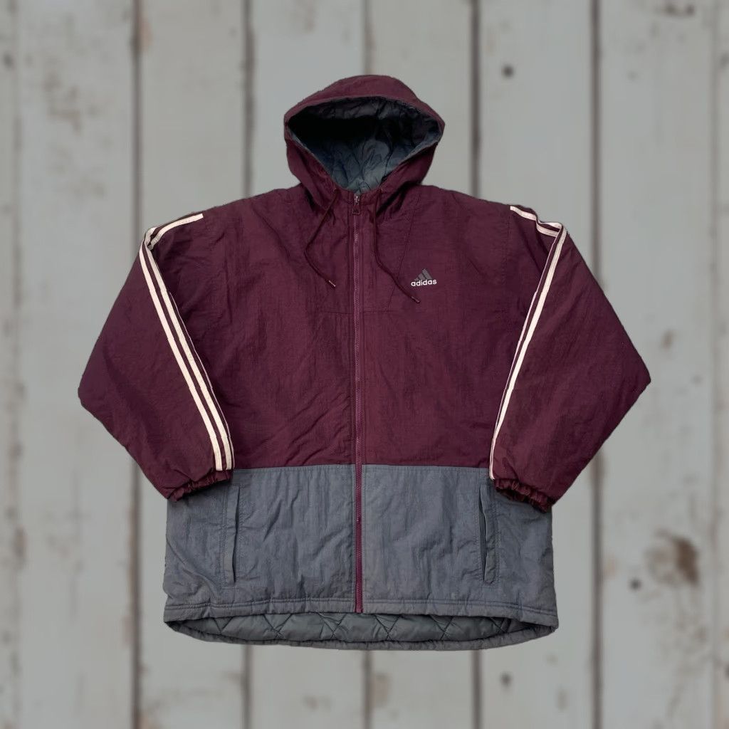Adidas VTG Adidas Logo Winter Hooded Coat Jacket Quilted Maroon Gray Size Large Mens Jacket Size US L / EU 52-54 / 3 - 1 Thumbnail