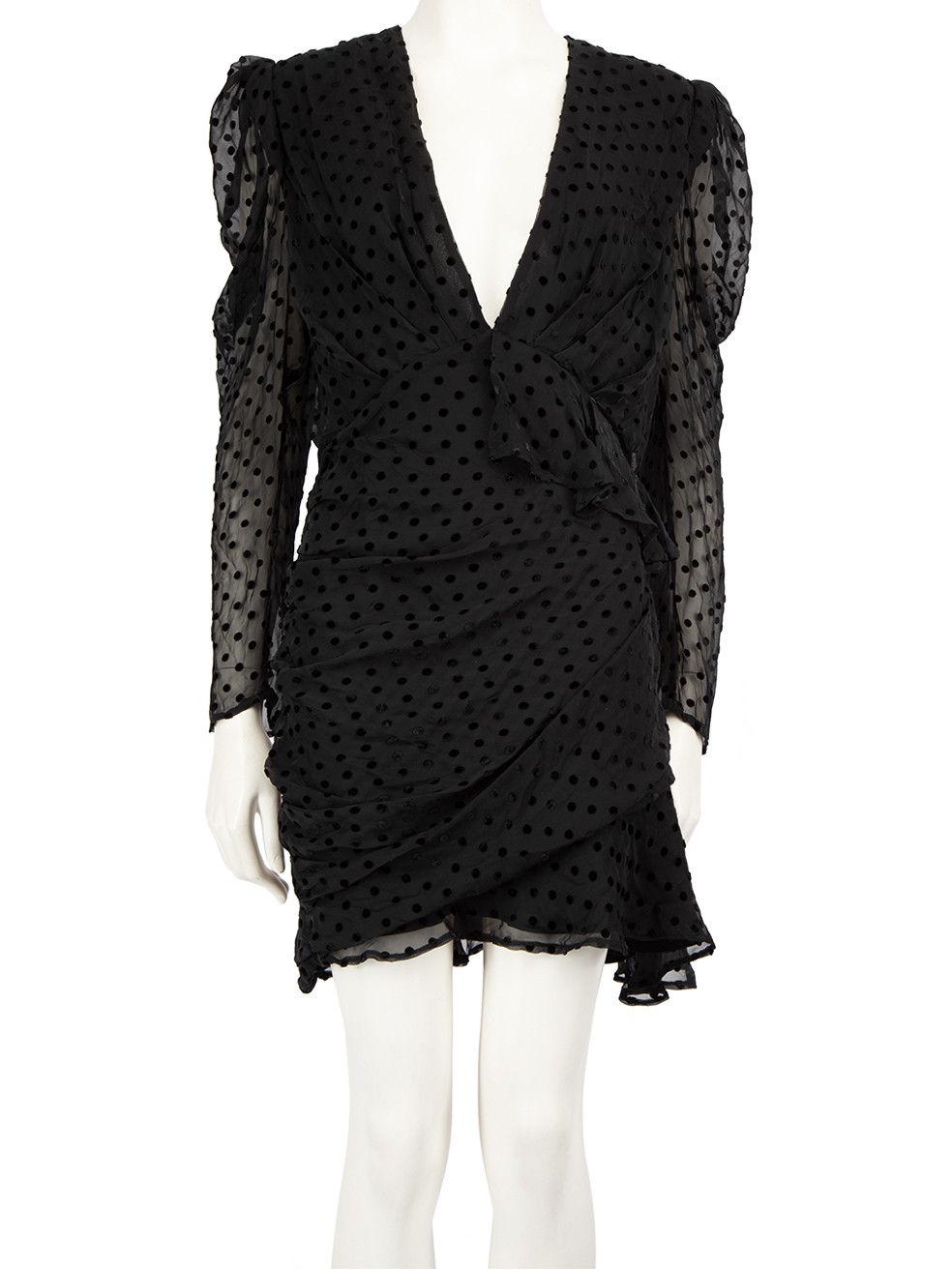 image of Iro Black Silk Polka Dot Ruffle Accent Mini Dress, Women's (Size Large)
