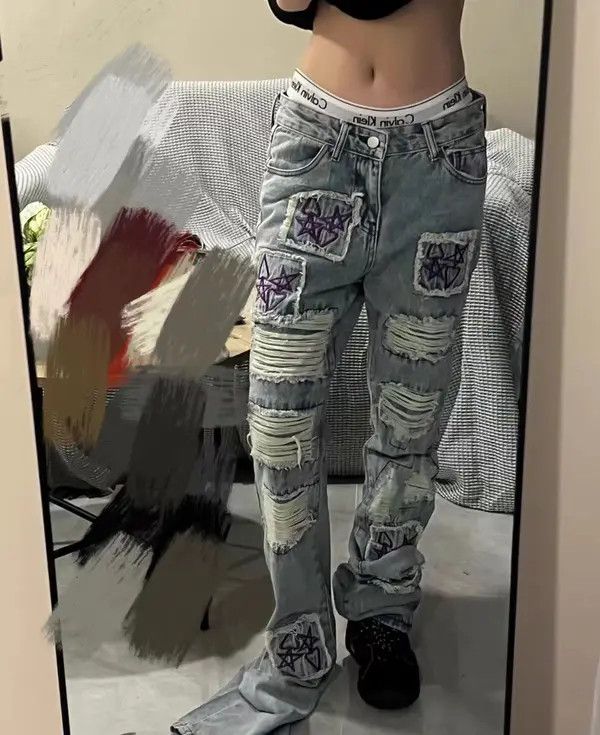 VIBE Heavy Star Heart Embroidered Double Patch Washed Jeans Size US 30 / EU 46 - 7 Thumbnail