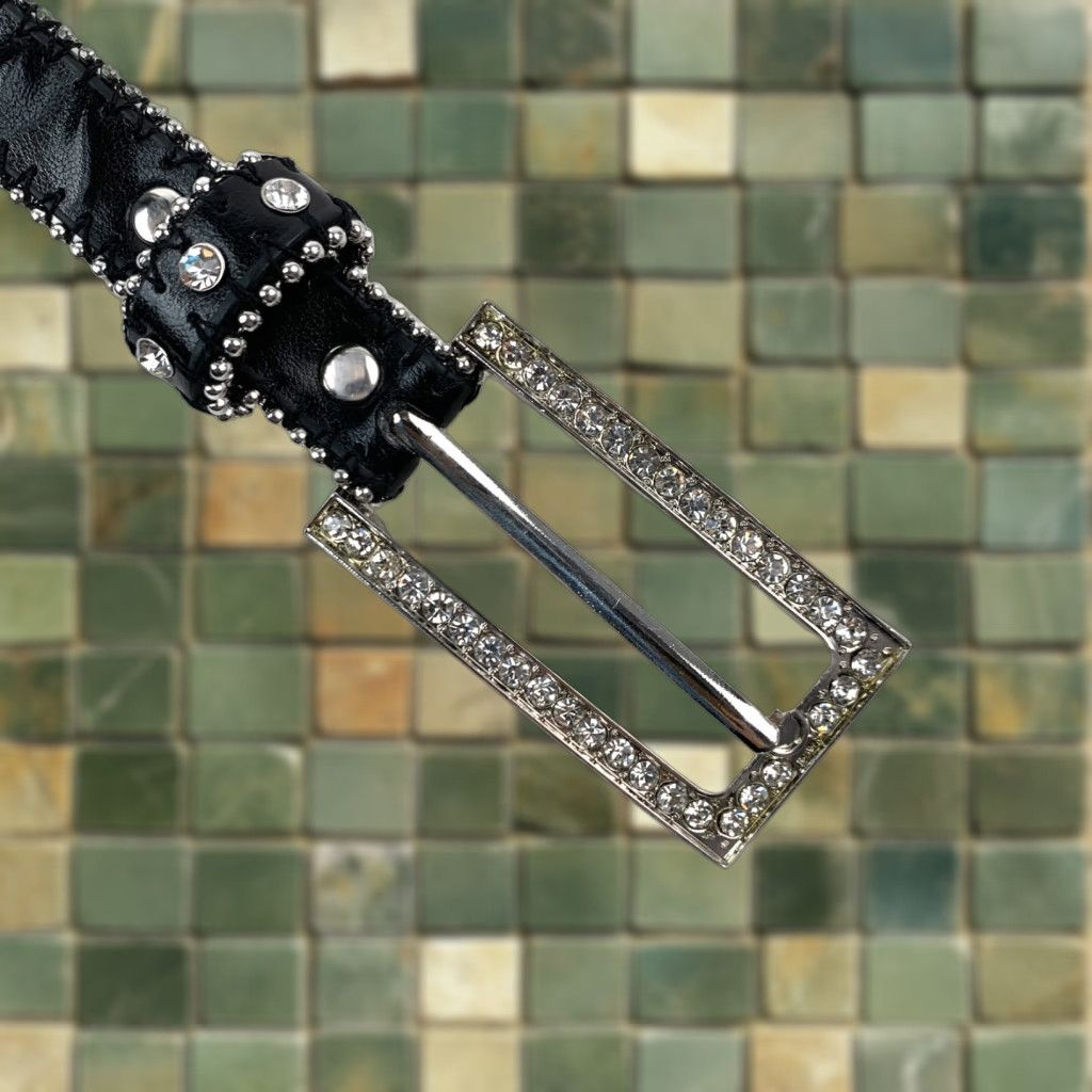 Vintage VINTAGE Women's Black XL Goth Moto Leather Belt with Rhinestone Studded Buckle 46" Belt Mens Womens XL Black Rhinestone Buckle Leather Belt Size ONE SIZE - 1 Thumbnail