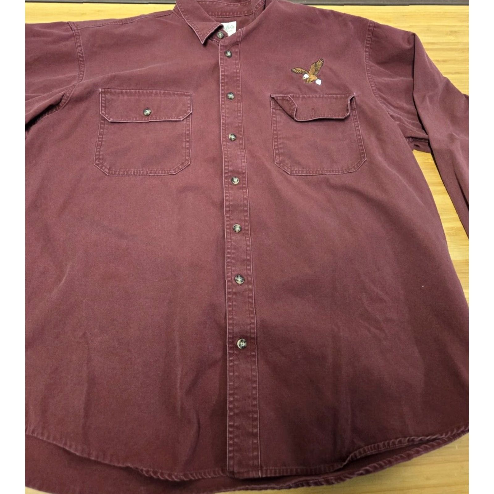 Vintage Cabela's Button-Up Shirt Burgundy Embroidered Eagle XLT Men’s Long Sleeve Casual Workwear Travel Button-Down Pocketed Cotton Peru Made in Peru Size US XL / EU 56 / 4 - 3 Thumbnail