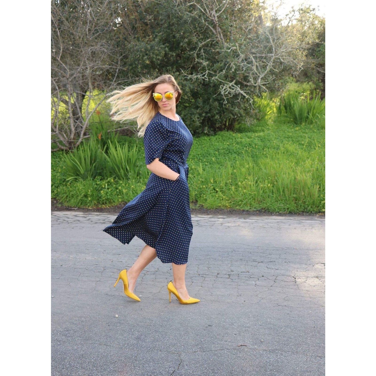 Vintage Navy Dress Yellow Polka Dots, Full Skirt Pockets Med