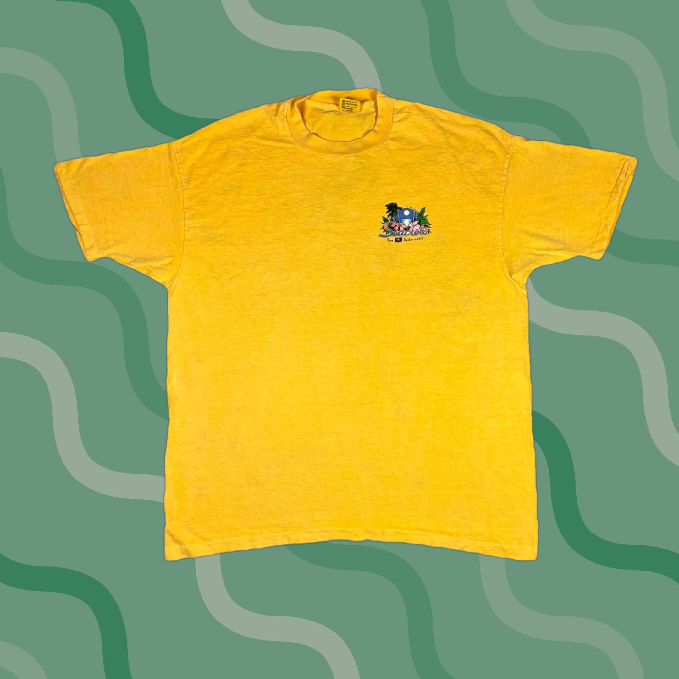 Anvil VINTAGE Seacrets Bar Promo T Shirt Yellow Dyed Single Stitch Adult XL 1990s Art Crew Neck Short Sleeve Cotton Anvil Men Size US XL / EU 56 / 4 - 1 Thumbnail