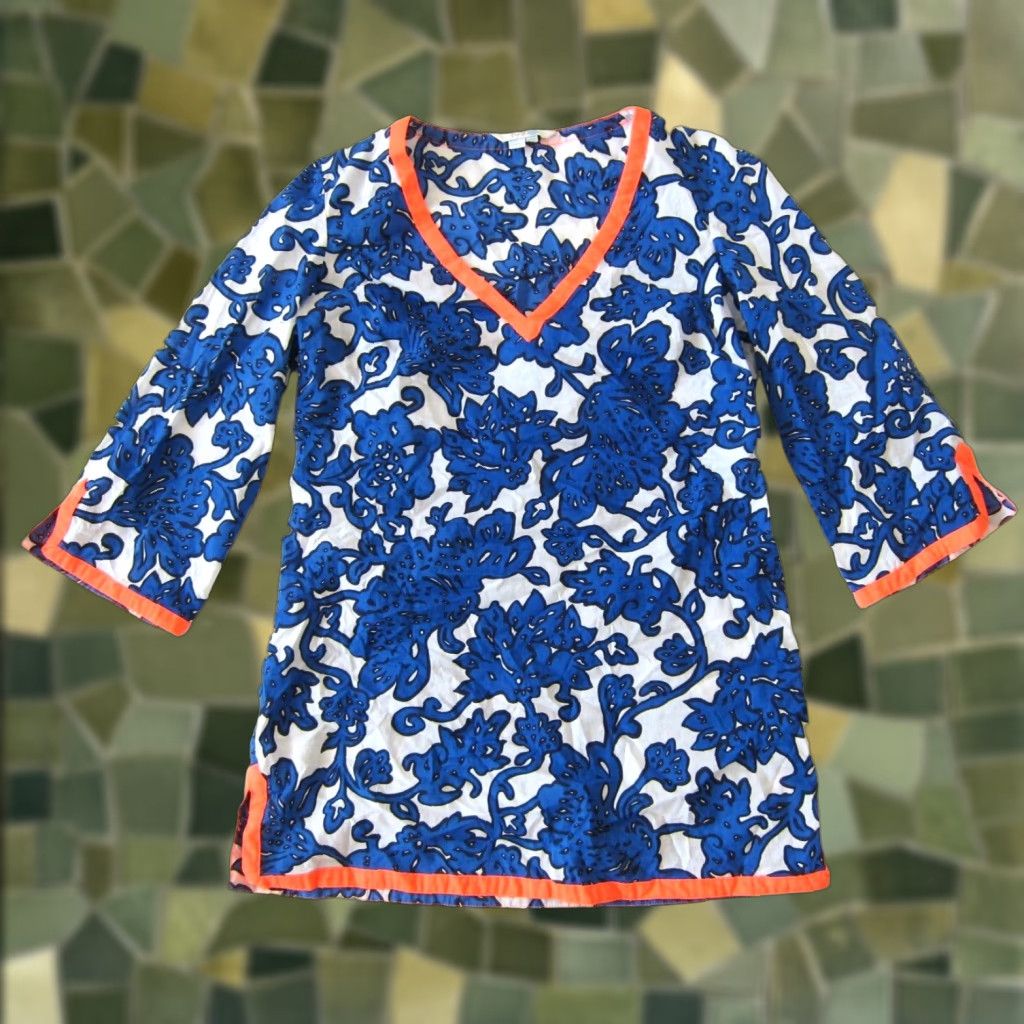 Boden Boden Blouse 100% Cotton Floral Blue White Orange V-Neck Peasant 3/4 Sleeve Tunic Woman 4 Women Size S / US 4 / IT 40 - 1 Thumbnail