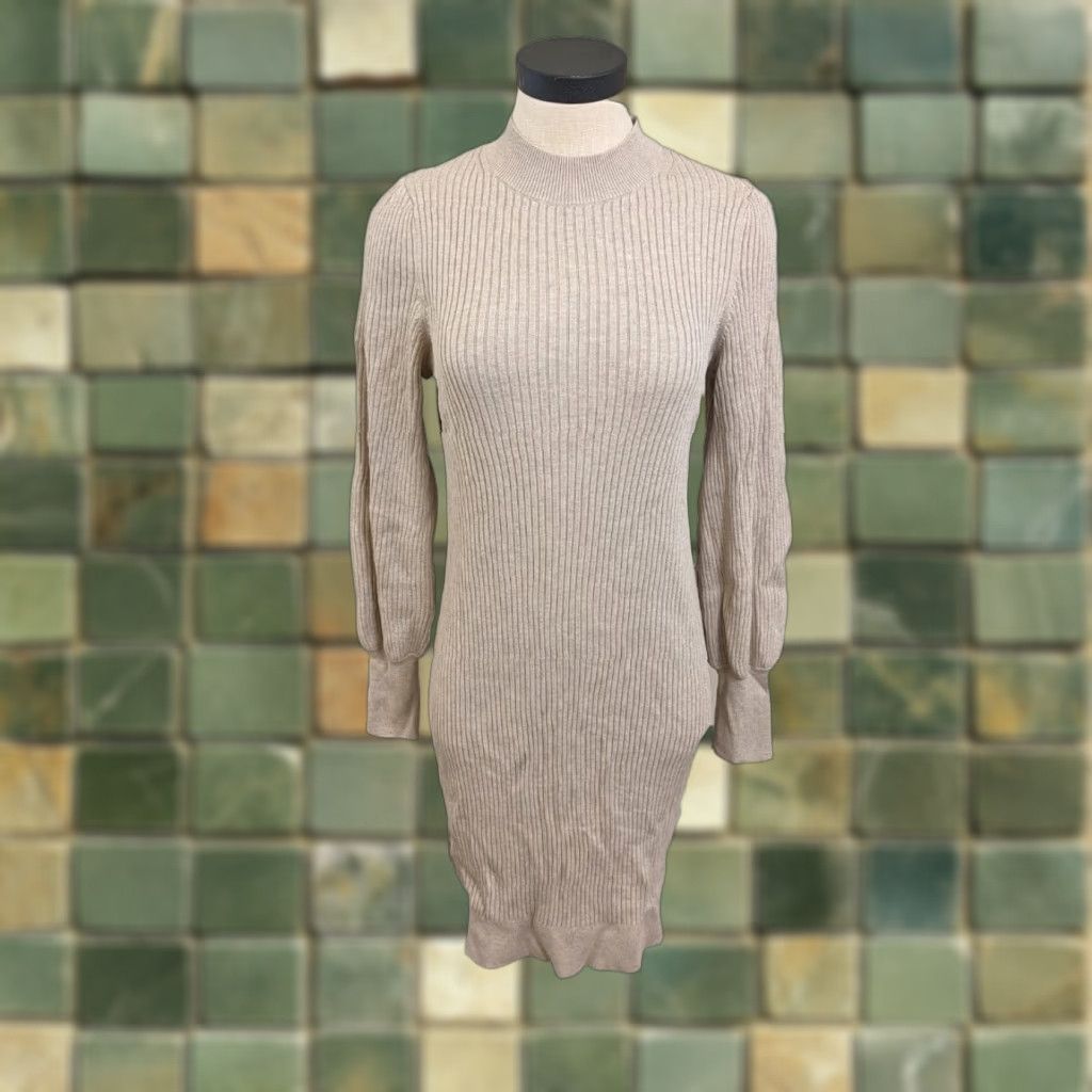 VINTAGE Banana Republic Sweater Dress Long Sleeve Mock Neck Women Size S  Brown Tan Knee Length 5D - www.threedaughtersproperties.com