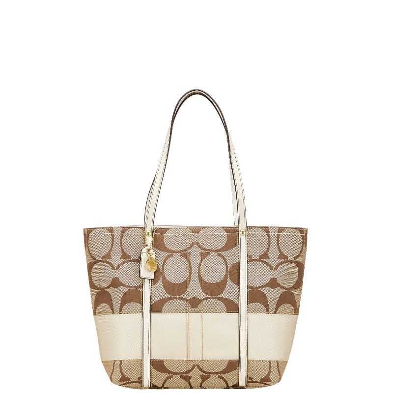 Coach Coach Signature Canvas Leather Shoulder Tote Bag Textile Tote Bag Duty Free For Usa in Beige, Women's
