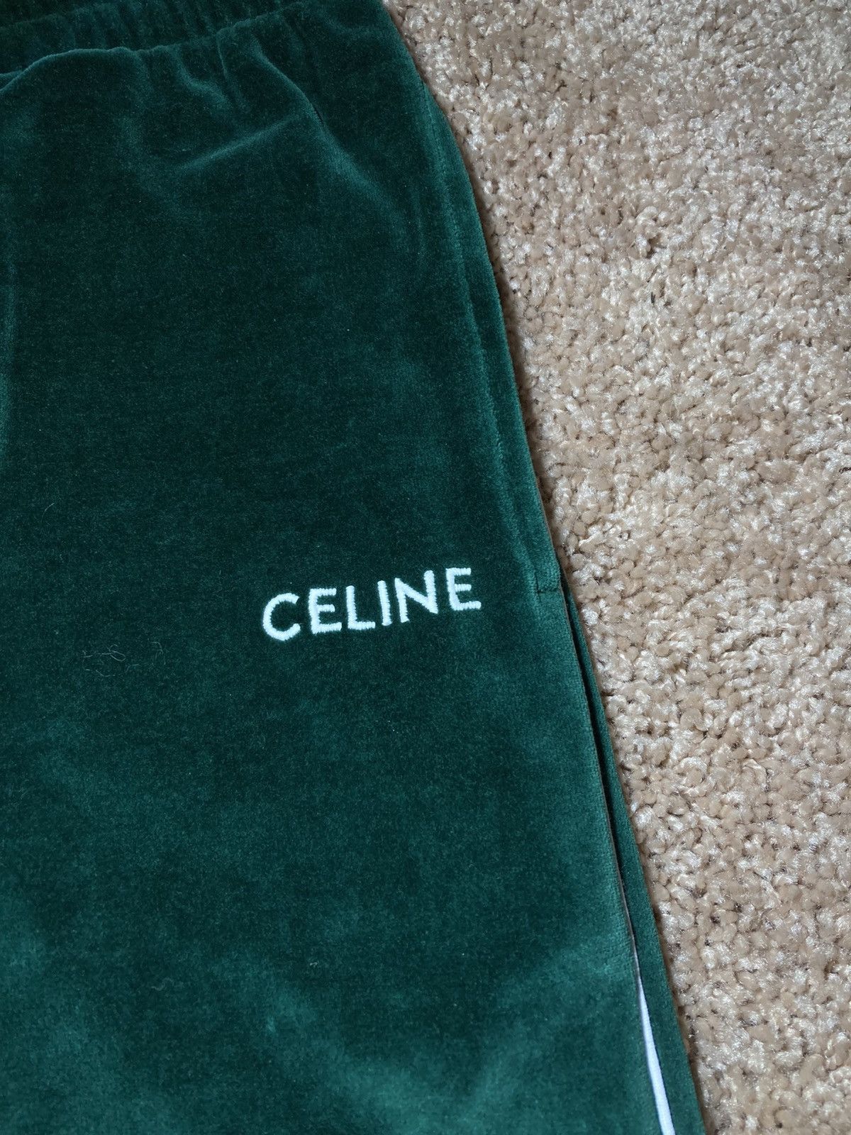Celine × Hedi Slimane New SS23 Celine Velvet Track Pants Green 2023 Logo Velour 90 Size US 30 / EU 46 - 3 Thumbnail
