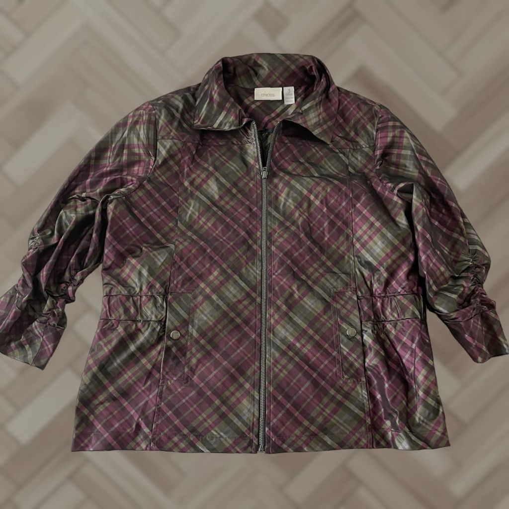 Vintage Chico's Jacket Women's 3 Plaid Full Zip Brown Purple Metallic Polyester 90s Theme Jacket Womens Size XS / US 0-2 / IT 36-38 - 1 Thumbnail