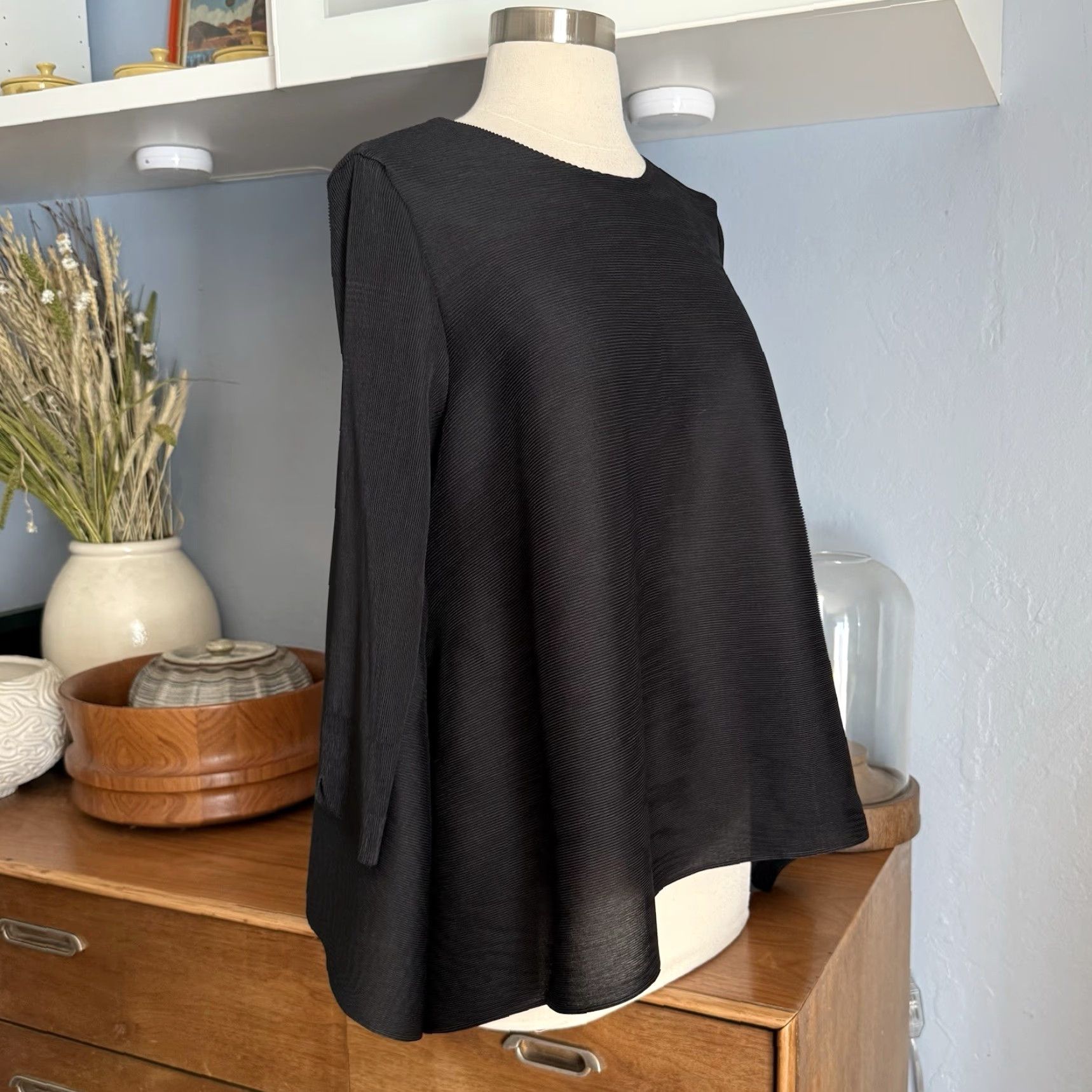 Vintage MEIMEIJ Blouse Top Black Pleated 40/42 Blusa Blusa 3/4 Sleeve Womens Polyester Pleats【อ่านข้อความเต็ม Size S / US 4 / IT 40 - 6 Thumbnail