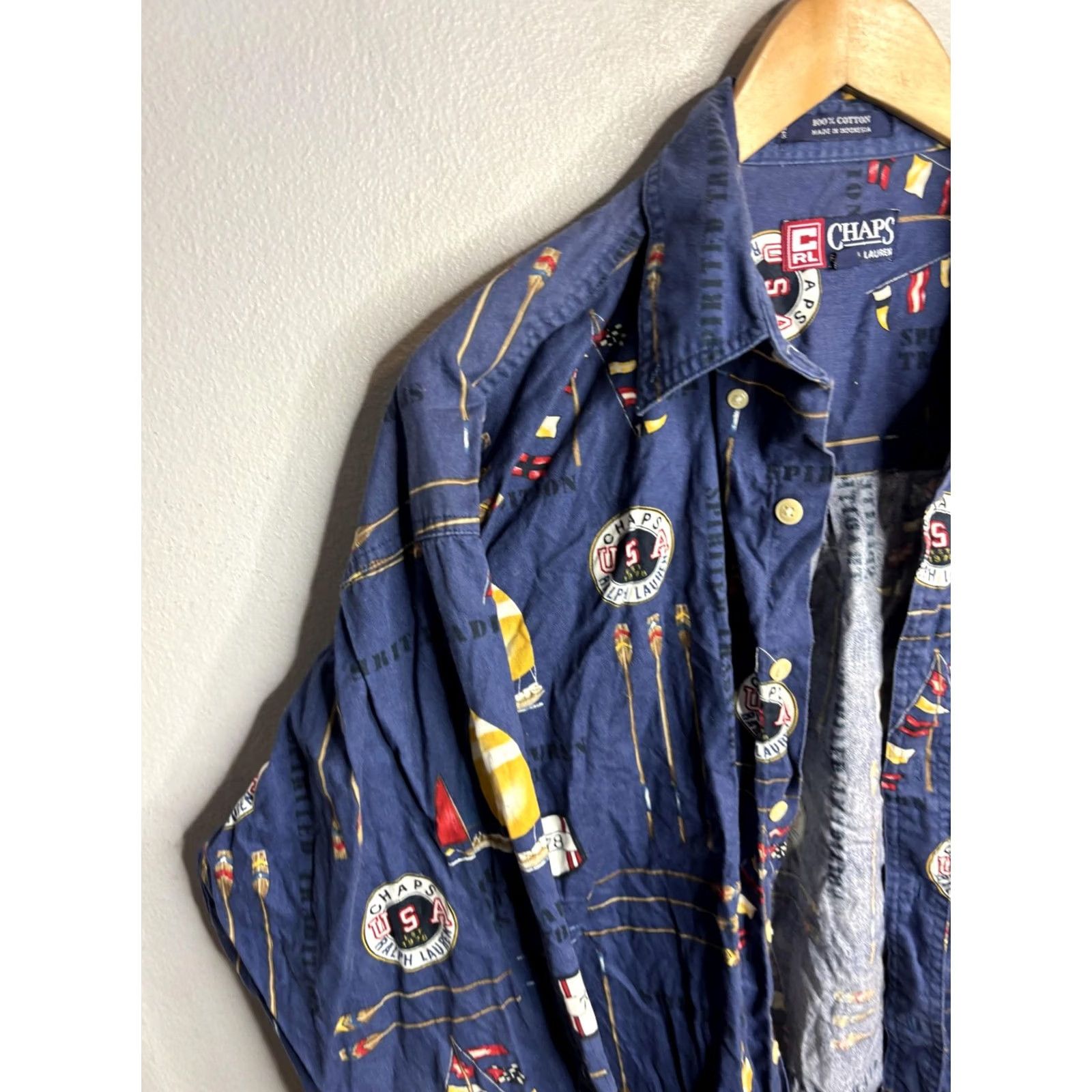 Chaps VINTAGE Chaps Ralph Lauren Shirt Mens Large Blue Nautical Sailboat Flag Print Button Up Size US L / EU 52-54 / 3 - 2 Thumbnail